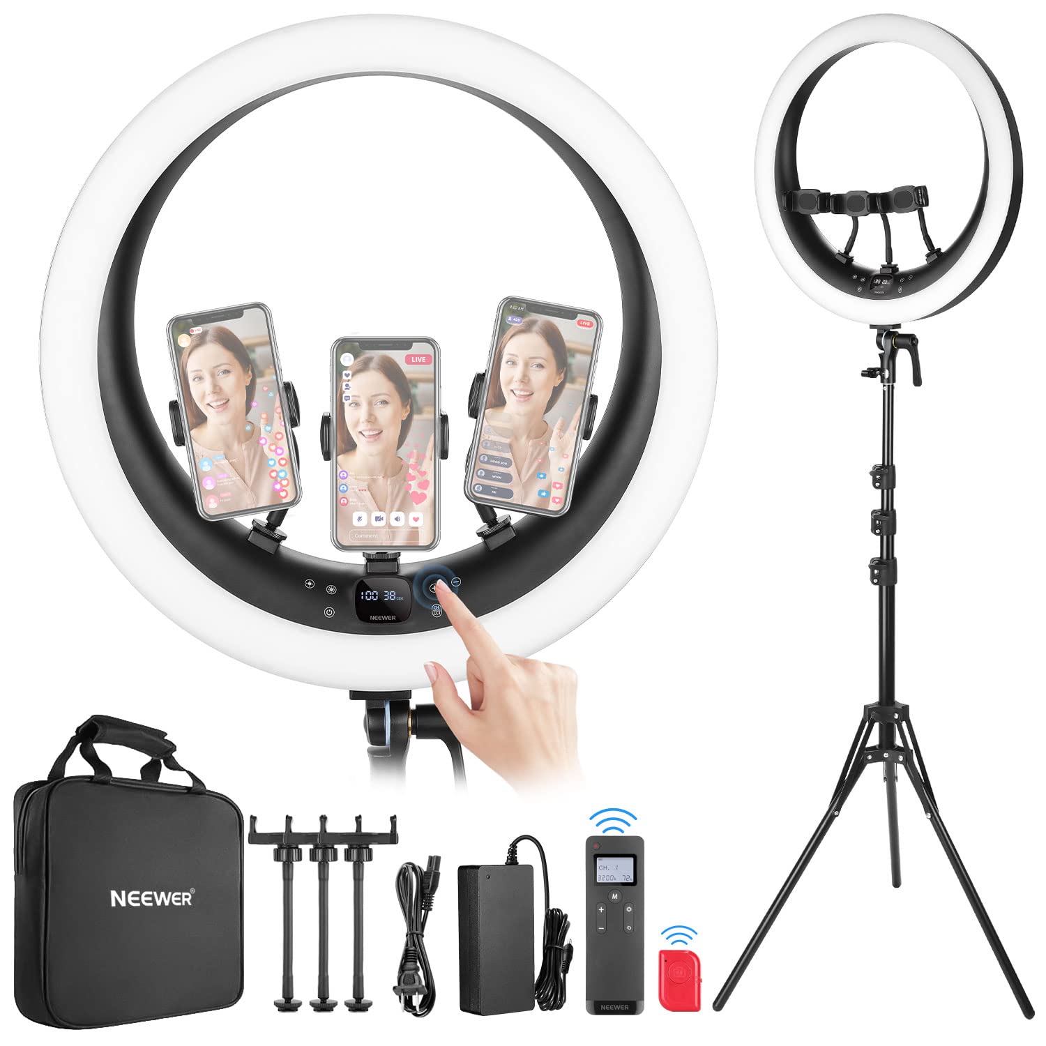 Neewer Ring Light Rp19H 19 Inch With Stand And 3 Phone Holders, Upgraded 2.4G And Touch Control, Smooth Dimming At 1%, 42W Cri 9