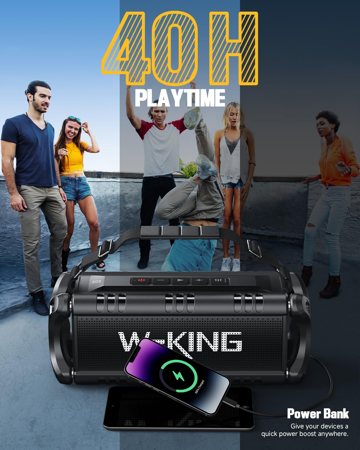 W King Bluetooth Speaker, 90W Peak 50W Speakers Bluetooth Wireless, Portable Bluetooth Speaker Loud With Deep Bass,Ipx6 Waterproof Boombox Large Outdoor Speaker/Subwoofer/Power Bank/40H/Eq/Tf/Aux/Nfc