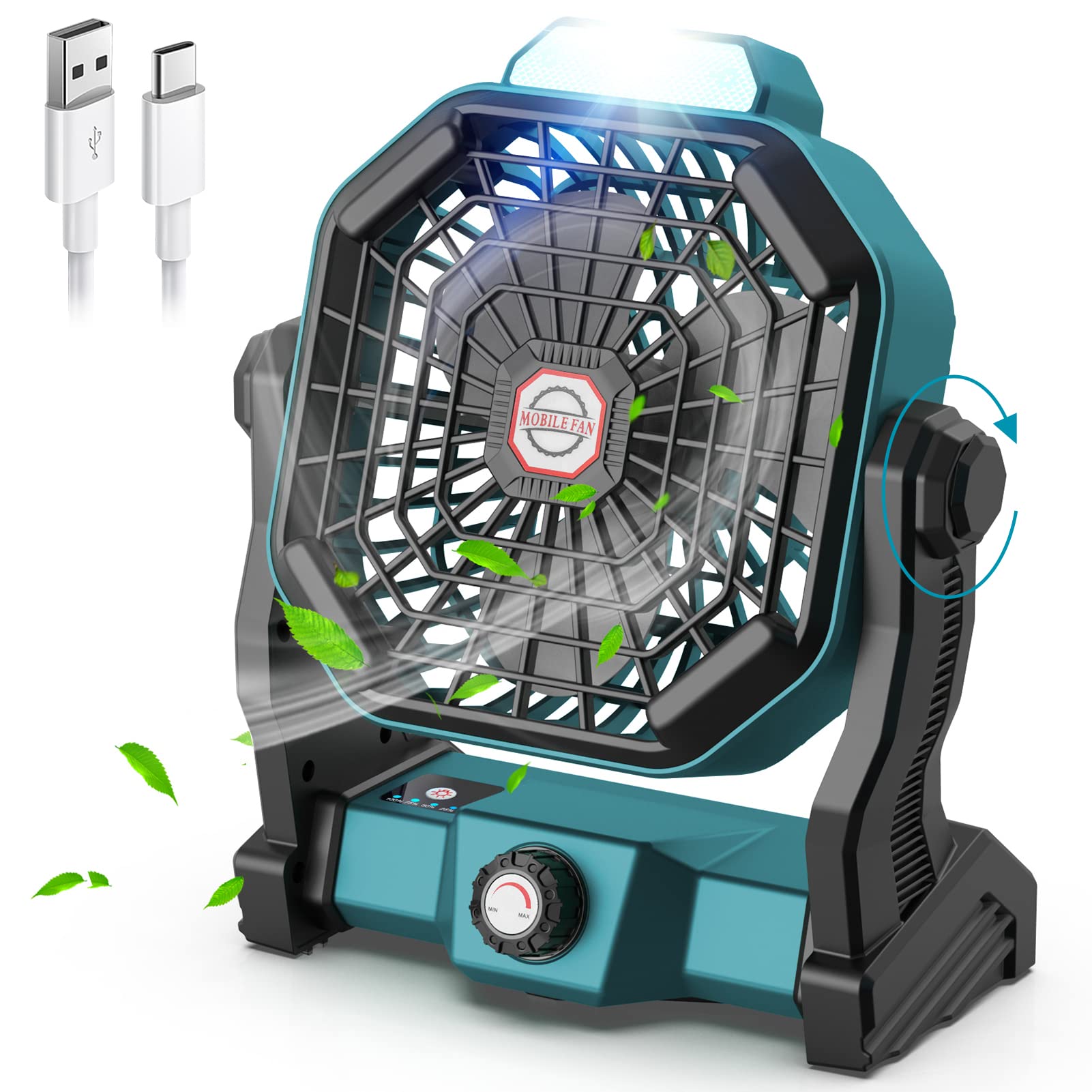 Conbola Portable Battery Operated Fan With Led Lantern, 10400Mah Outdoor Small Rechargeable Quiet Camping Fan, Personal Desk Fan