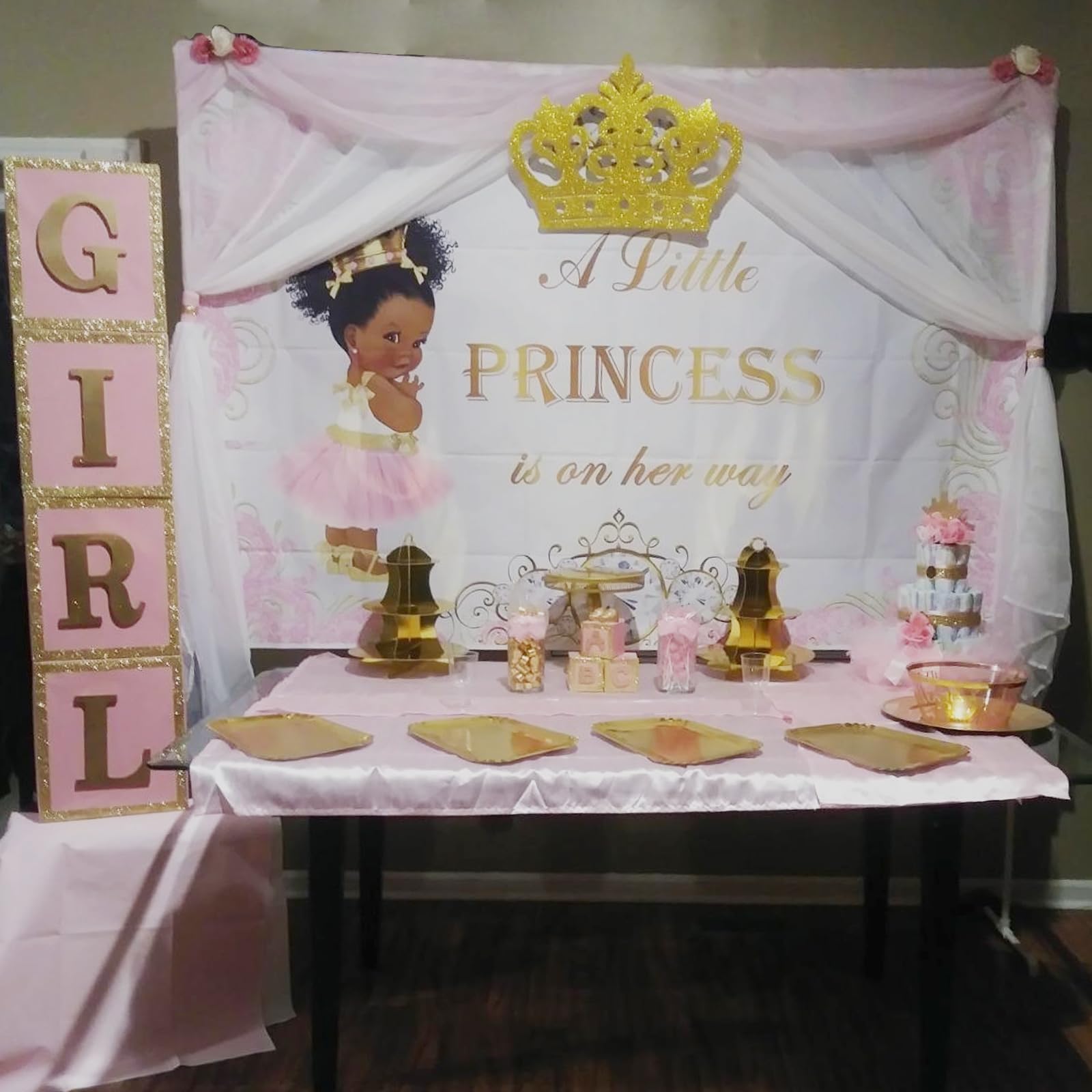 Mocsicka Royal Princess Baby Shower Backdrop Pink Gold Princess Background 7X5Ft Princess Baby Shower Backdrops