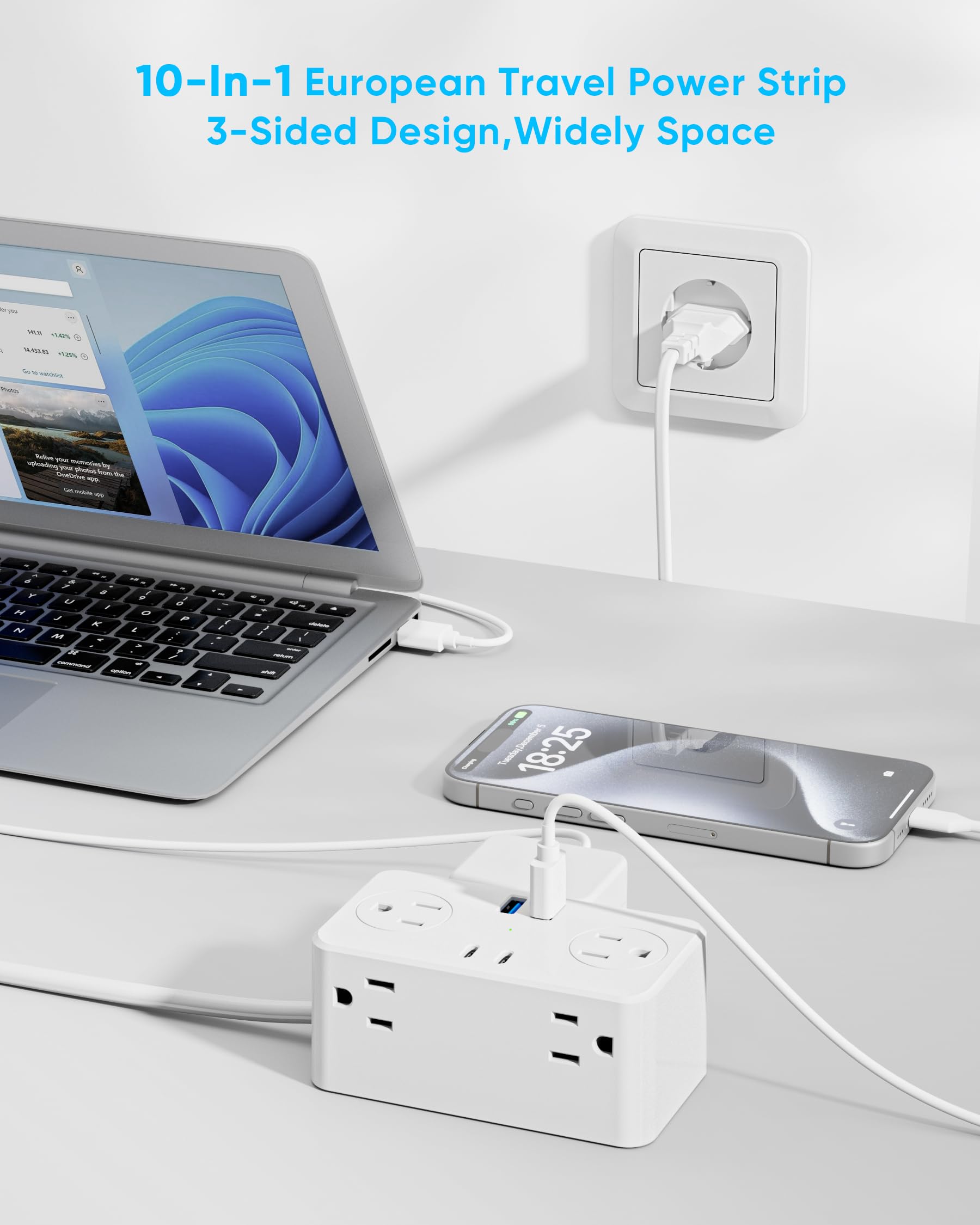 Kakyanill European Travel Plug Adapter, Type E F Plug Adapter, 6 Ac Outlets, 4 Usb Ports (2 Usb C), 3Ft Wrapped Around Extension
