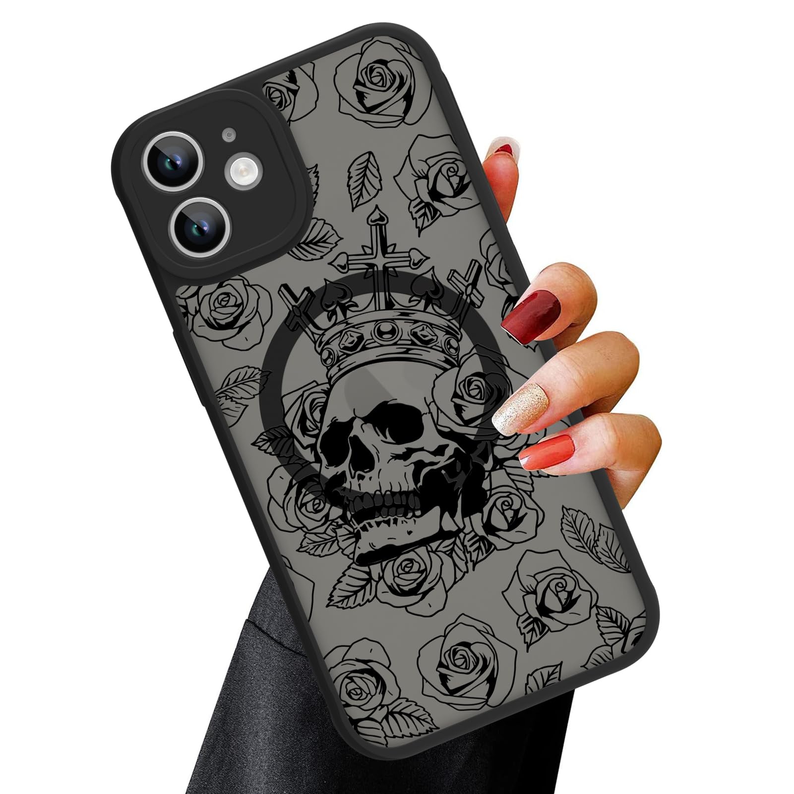 Ook Magnetic For Iphone 12 Case Black Flower Skull Pattern [Compatible With Magsafe] Slim Translucent Matte Camera Lens Protecti