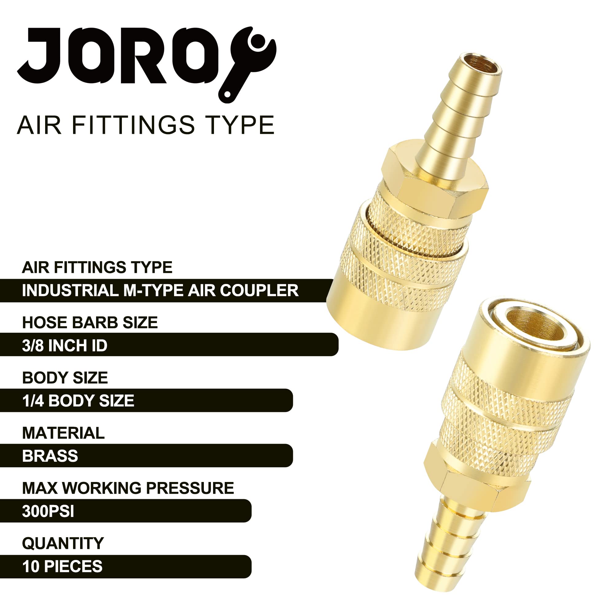 Joroy Air Coupler With 3/8 Hose Barb, Industrial M Type, 1/4 Inch Body Size, Brass Material, 10 Pieces Air Compressor Hose Fitti