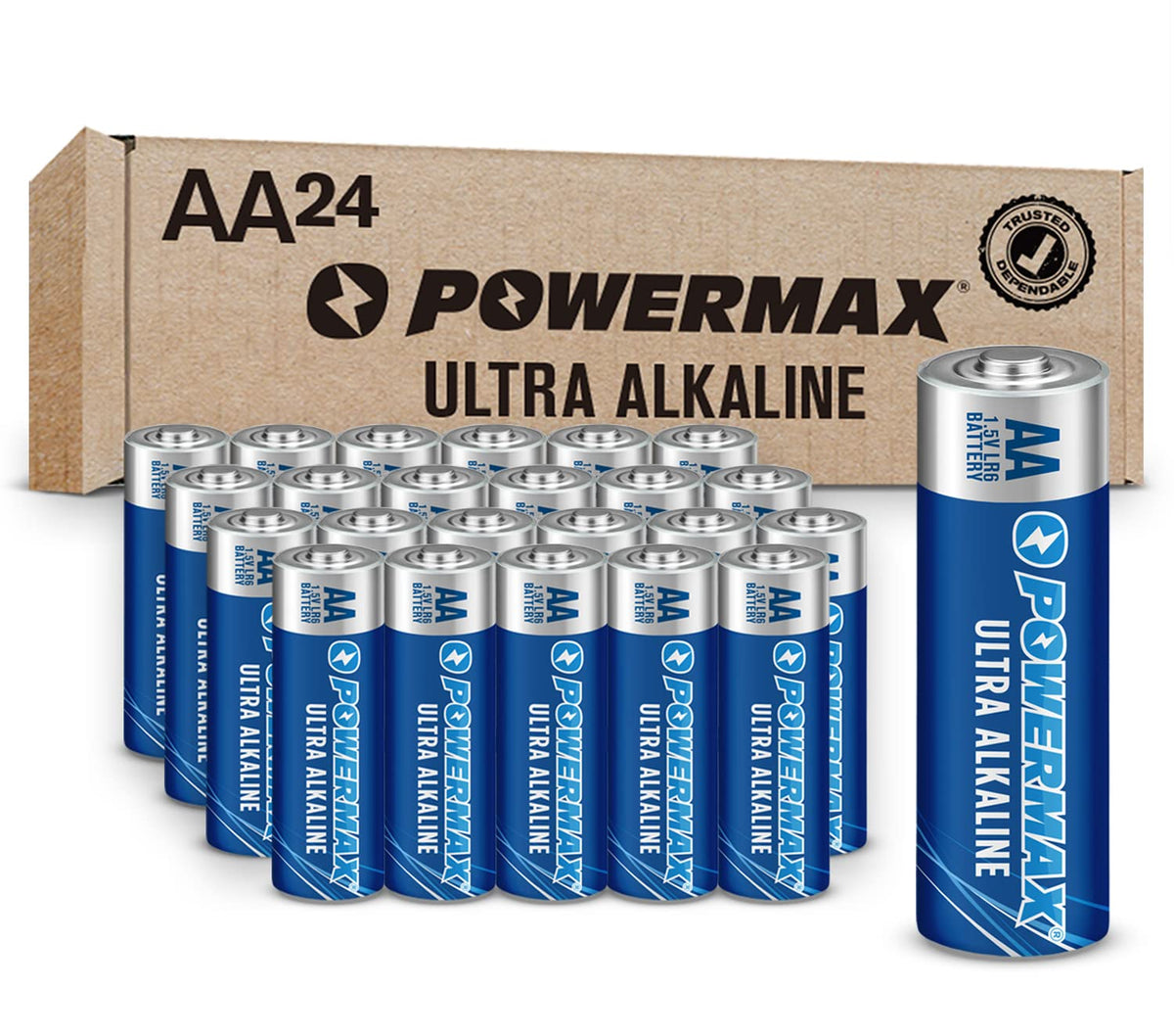 Powermax 24 Count Aa Batteries, Ultra Long Lasting Alkaline Battery, 10 Year Shelf Life, Reclosable Packaging