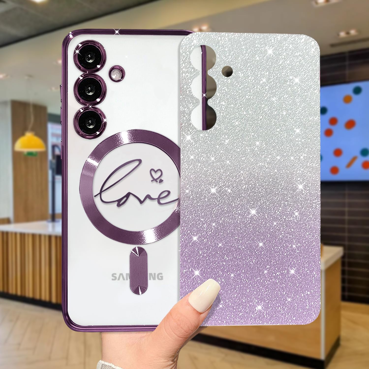 Zonrw For Samsung Galaxy S24 Plus Case Magnetic,For Women Girl Soft Cute Luxury Love Heart Plating Bling Glitter Gradient Clear