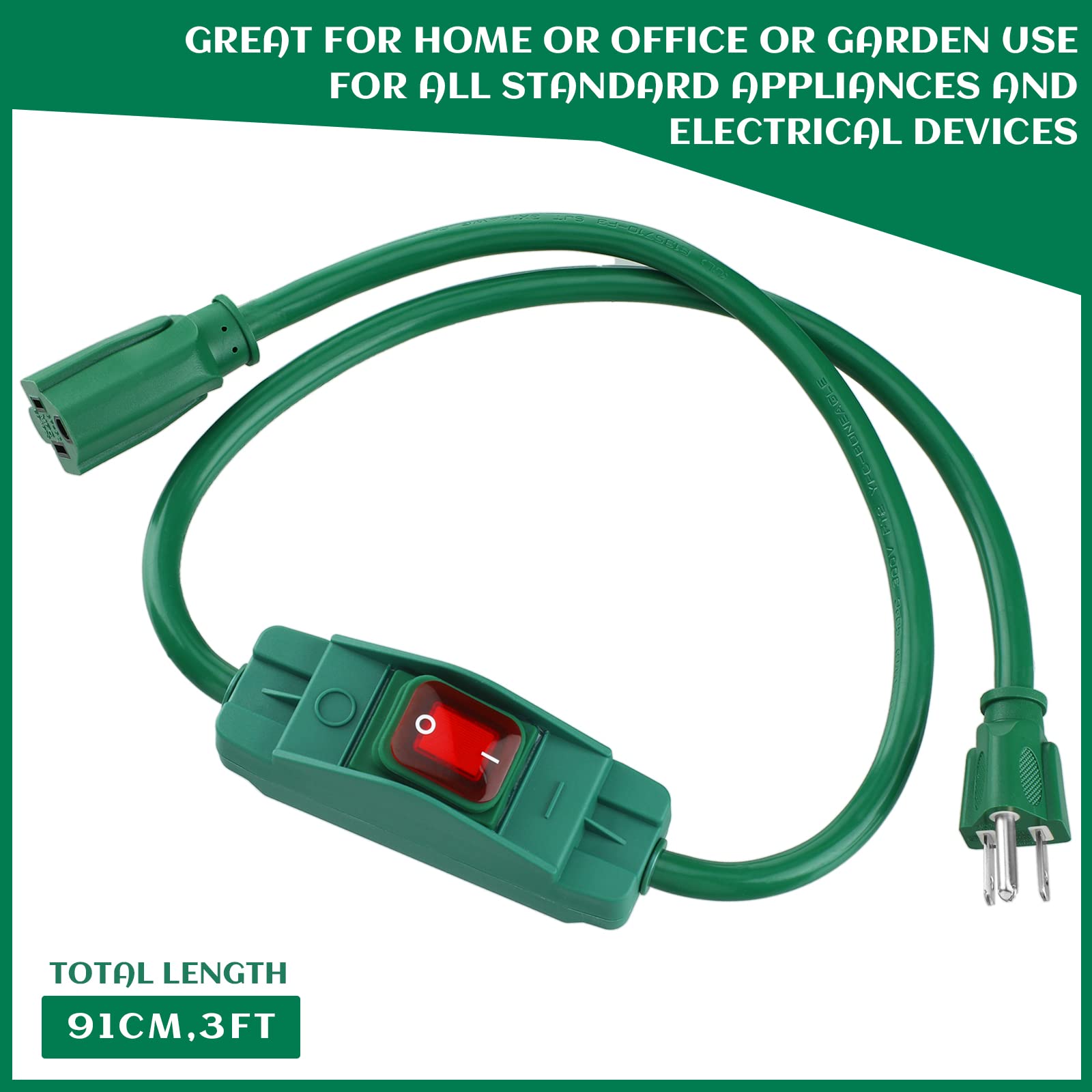 Weewooday 3 Prong Outdoor Extension Cord With Waterproof Switch 1875W Heavy Duty 14/3 Sjt Cable Inline On/Off 15A 125V Grounded