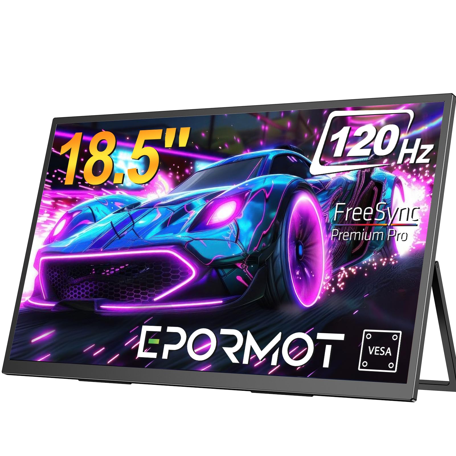EPORMOT Portable Monitor 18.5 inch 120hz for Laptop, FHD 1080P Portable Gaming Monitor w/VESA Kickstand HDR Speakers USB C Mini 