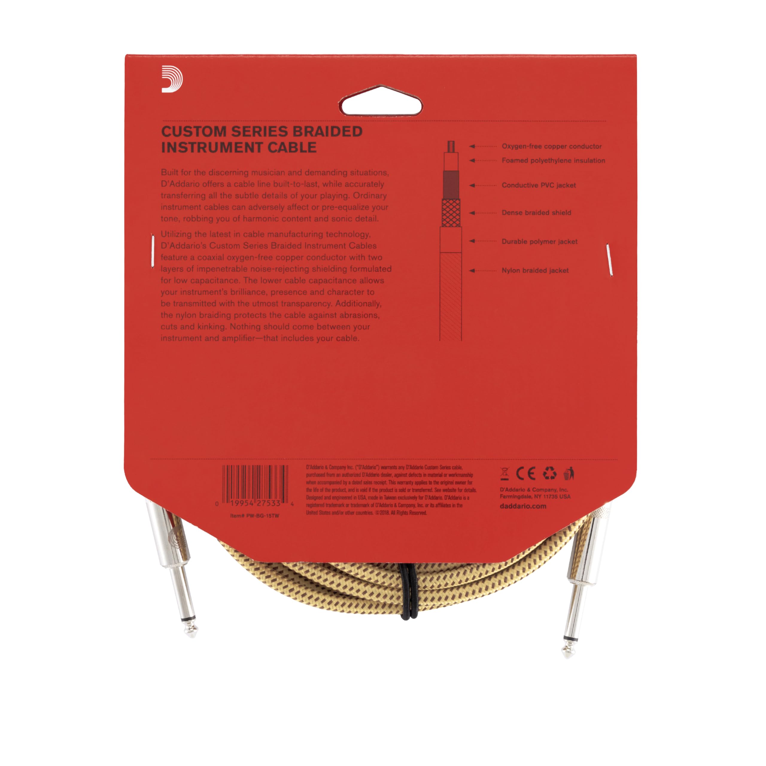 D'Addario Accessories Guitar Cable   Guitar Lead   Instrument Cable   Guitar Accessories   Custom Series Braided Cable   15 Feet