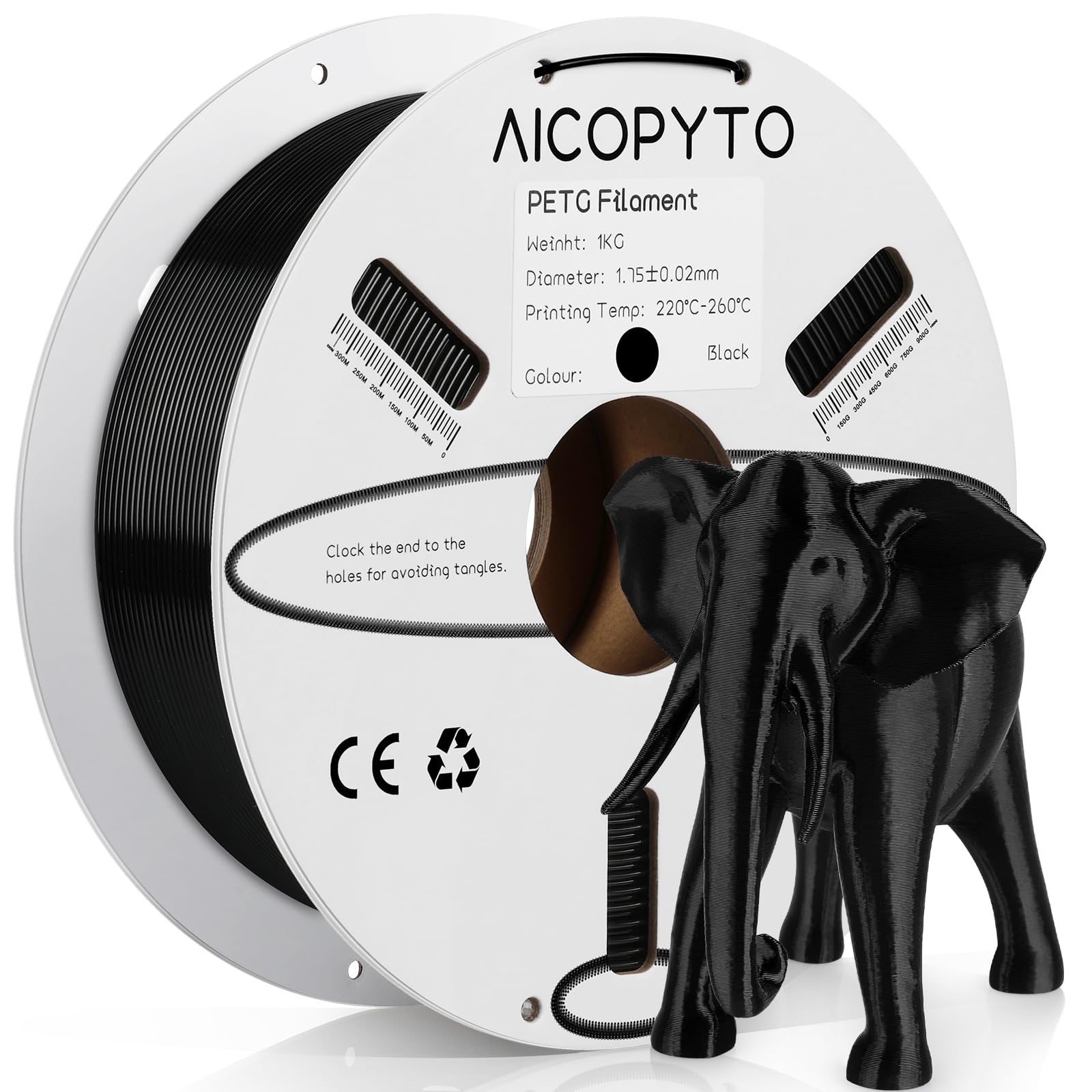AICOPYTO Black PETG Filament 1.75mm, 3D Printer PETG Filament 1kg Spool (2.2lbs) Dimensional Accuracy +/- 0.02mm, Filament Fit M