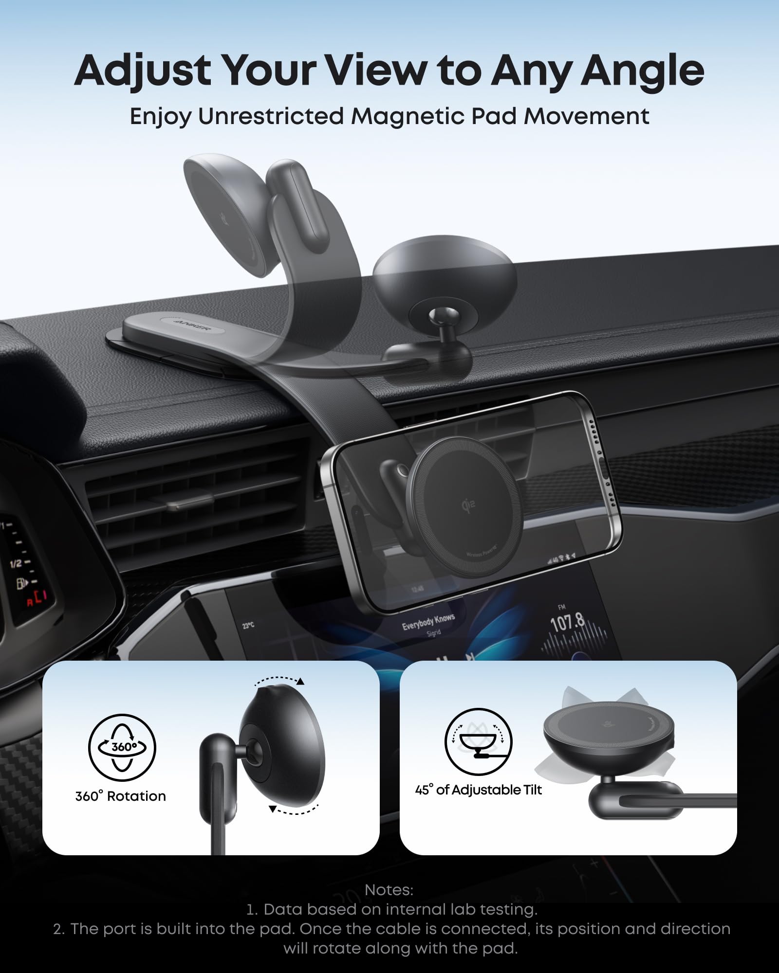 Anker Nano Magnetic Wireless Car Charger, 360 Adjustable Mount Car Charger With Detachable Pad, 15W Qi2 Certified With Alloy Bra