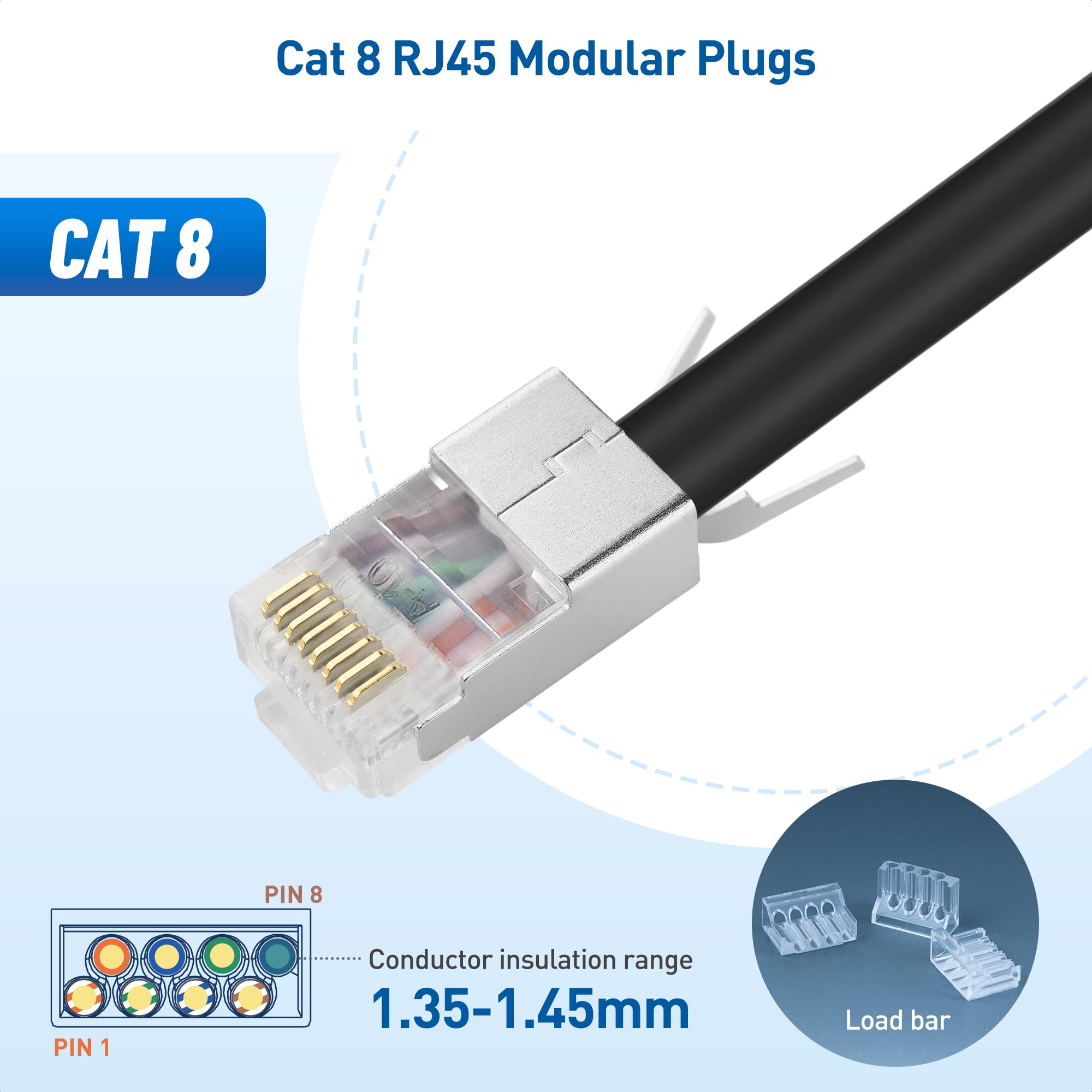 Cable Matters 20 Pack 23 24AWG Shielded Cat8 RJ45 Connectors with Load Bar & Strain Relief Boots, NOT Compatible with 22AWG Cable (Cat 8 Connector / Cat8 RJ45 Connector/Cat 8 Network Connector)