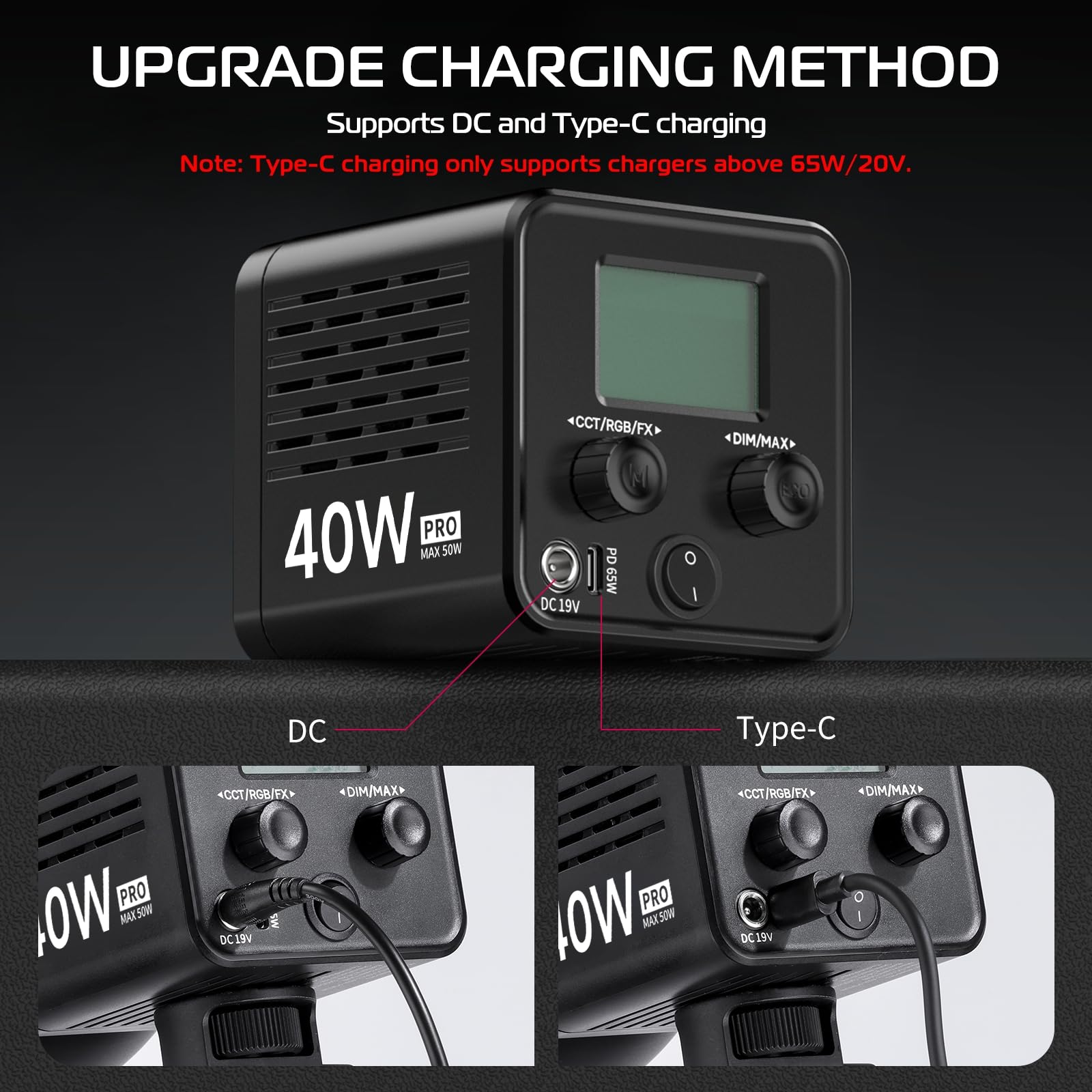 Ulanzi 40W Pro Portable Led Video Light With Dc Power Adapter, 3400Mah Build In Battery Metal Mini Dual Color Temperature Cob Co