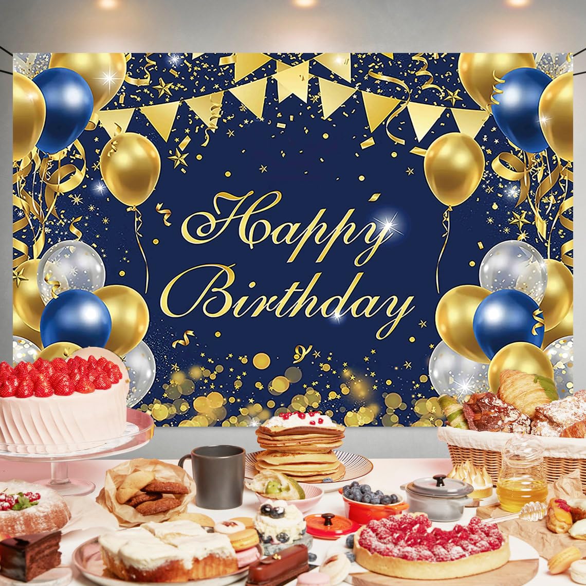 Blue Gold Birthday Party Backdrop Blue Gold Happy Birthday Banner Blue Gold Photography Background For Home Decorations Party Su