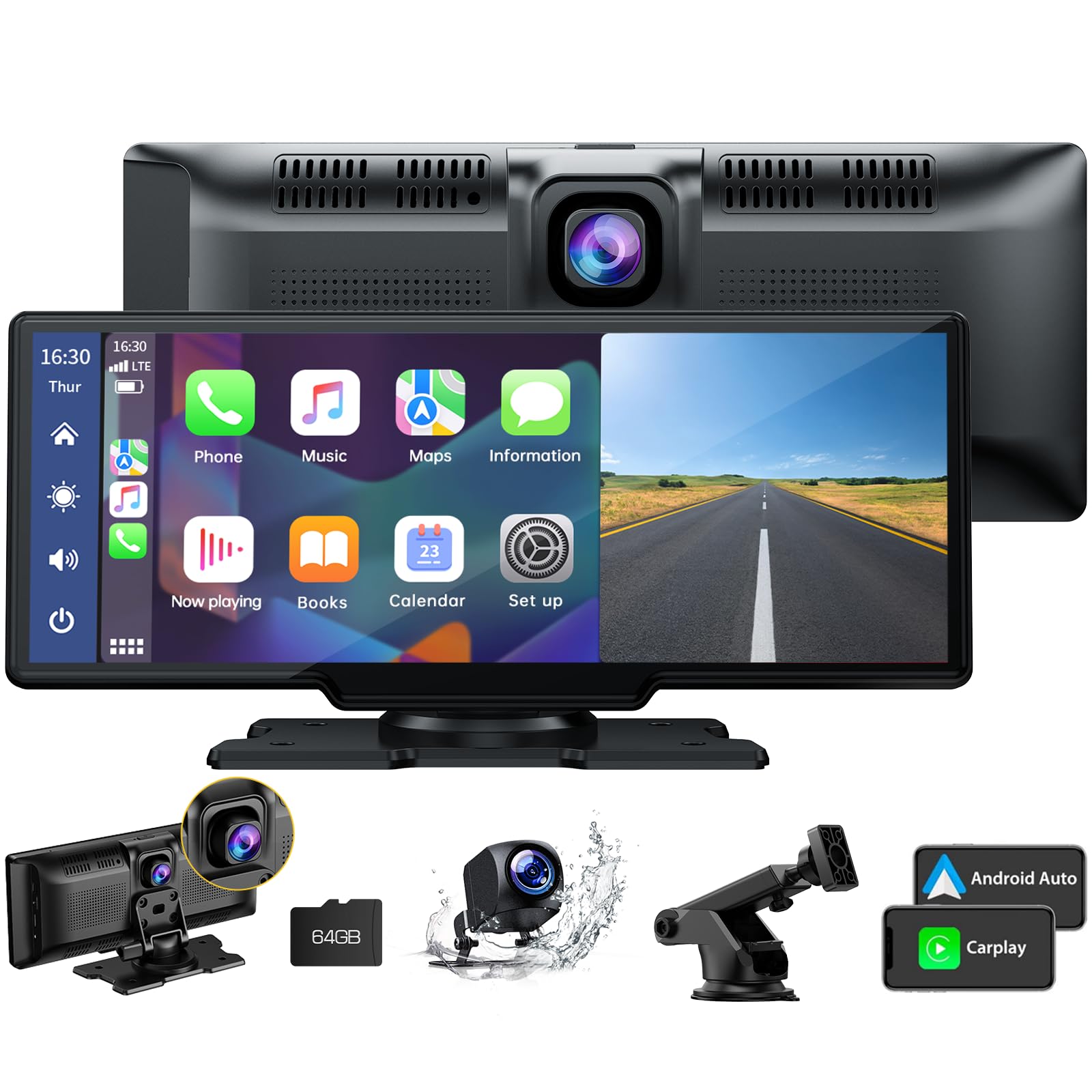 Lamtto 9.26'' Wireless Car Stereo Apple Carplay With 2.5K Dash Cam, 1080P Backup Camera, Portable Touchscreen Gps Navigation For