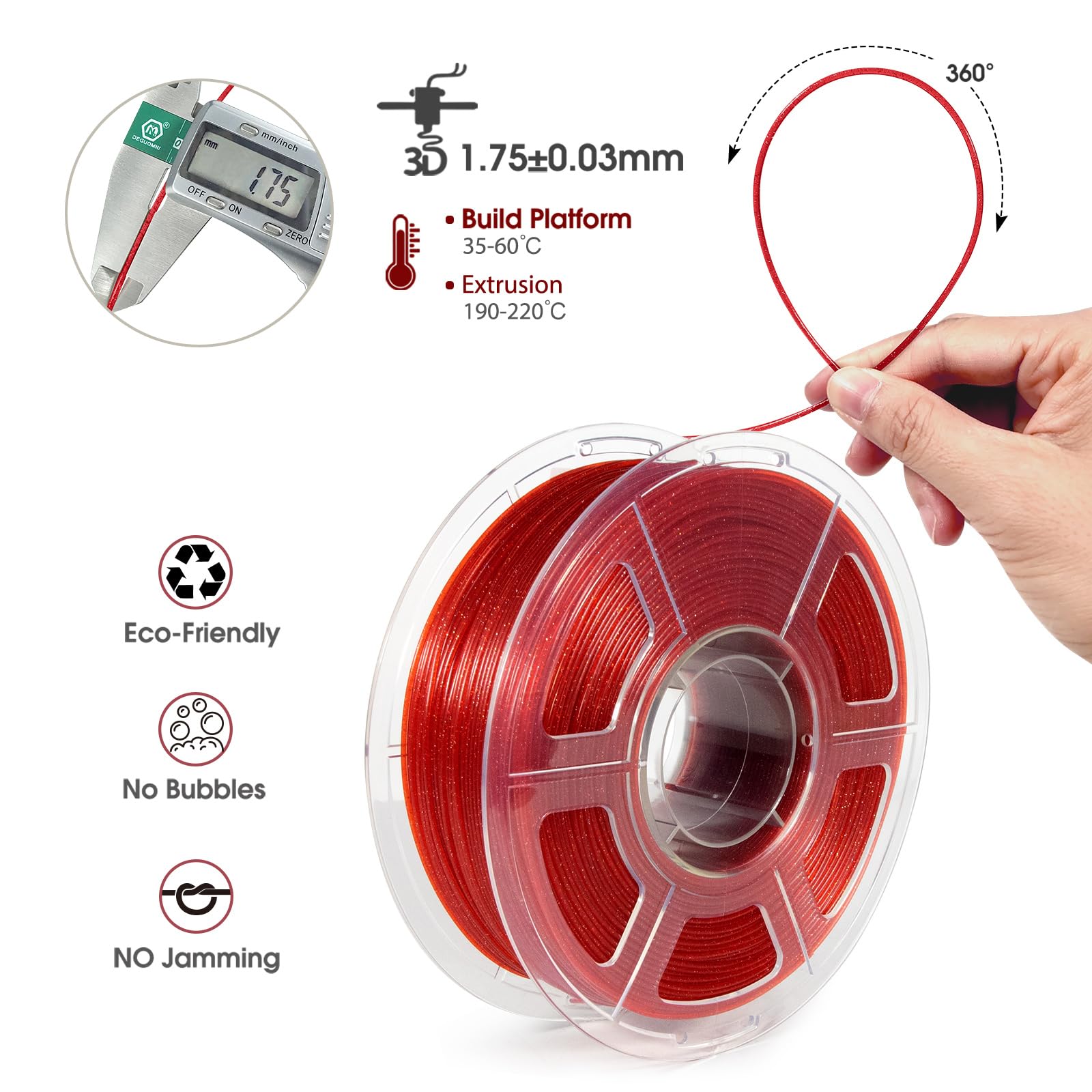 Isanmate 3D Printer Filament, Transparent Glitter Red Pla Filament 1.75 Mm, 3D Printing Filament 1Kg/2.2Lb