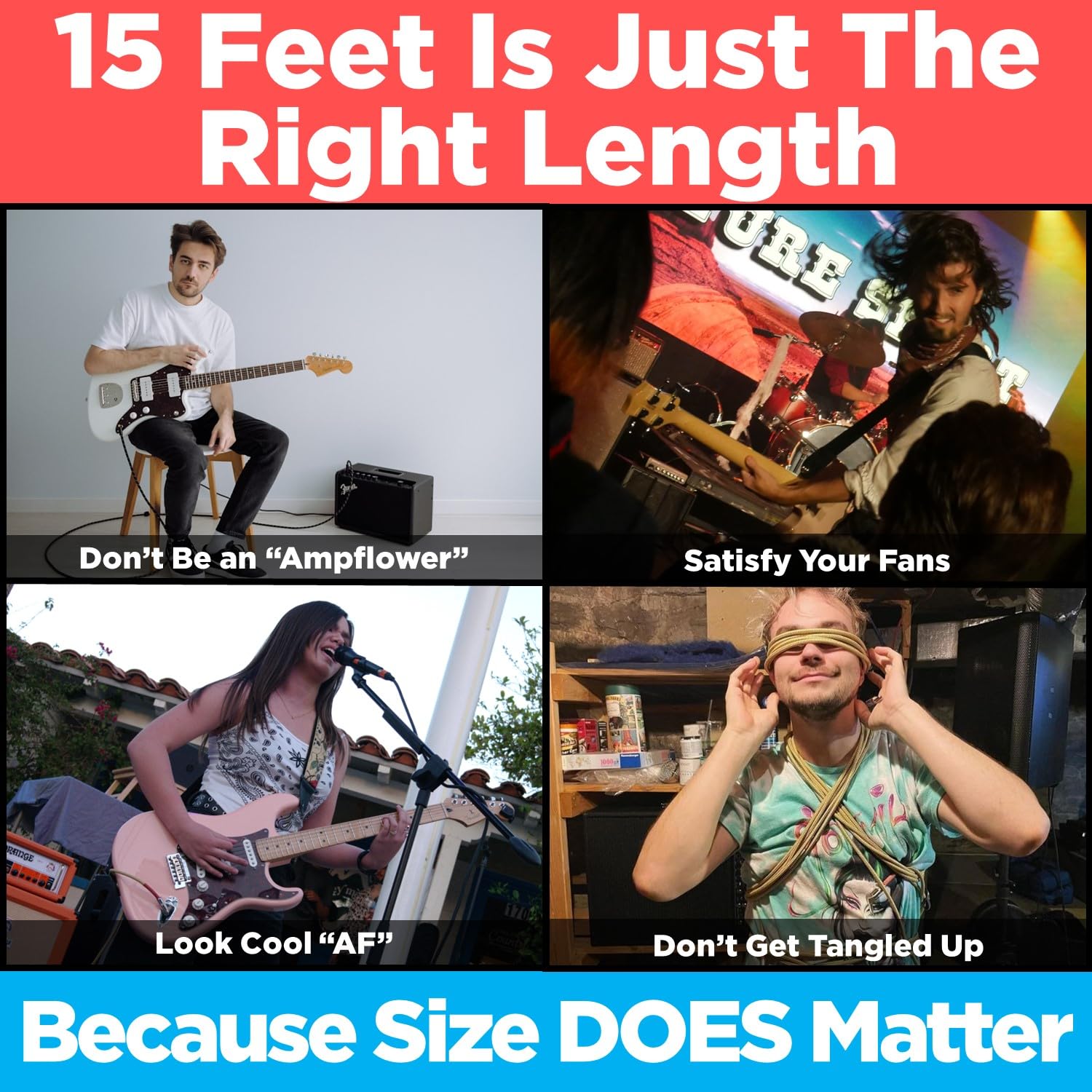 Powered By Rock 15ft Guitar Cable - Tangle-Free Electric Guitar & Bass Cable, 1/4 Inch Male to Male, Right Angle Jack, Black