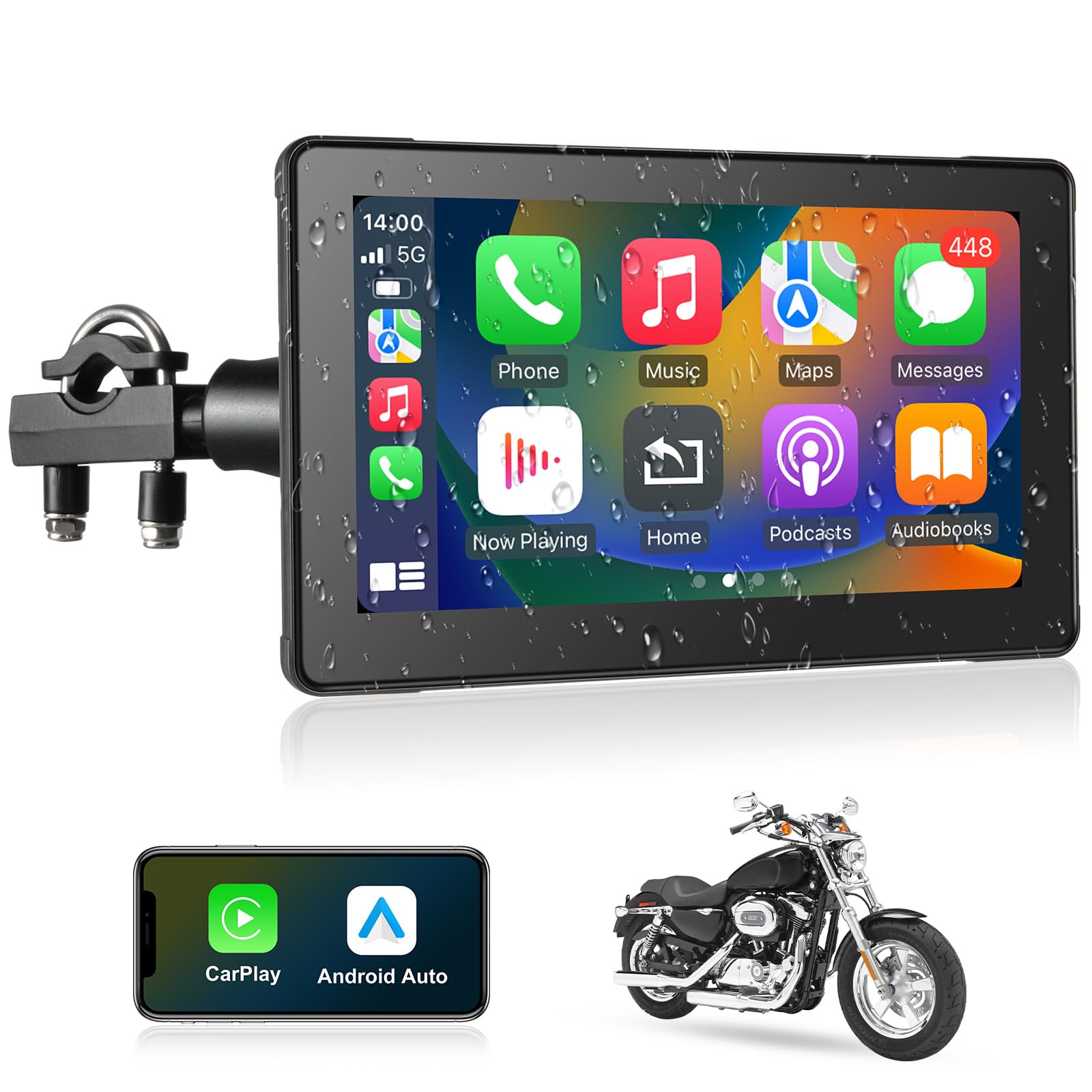Wireless Carplay For Motorcycle 7 Inch Touchscreen With Wireless Android Auto, Dual Bluetooth Waterproof Touch Screen Portable C
