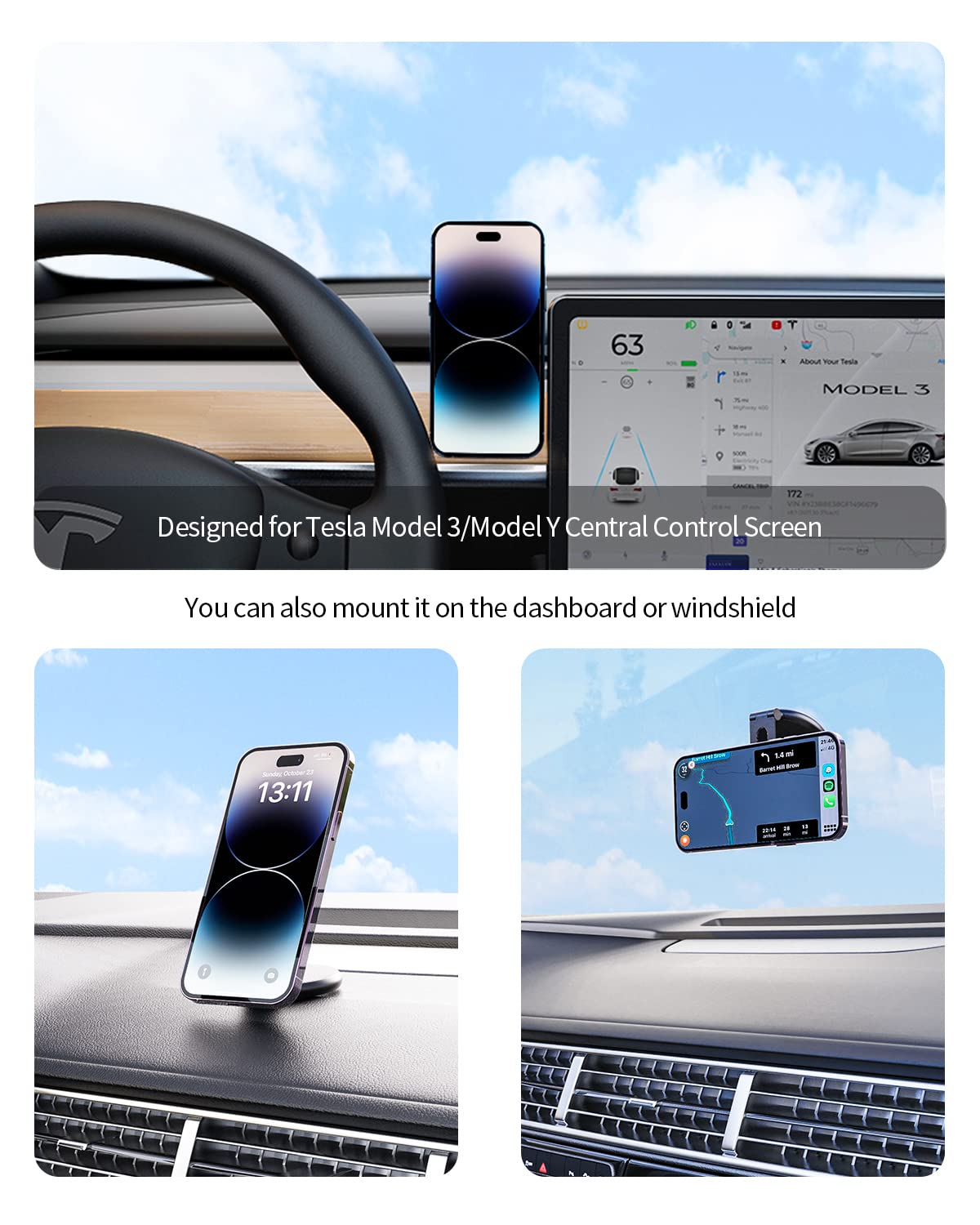 Marnana Fast Charging Wireless Car Charger Mount, Magnetic Foldable Car Phone Holder For Tesla Model 3/Y Designed For Magsafe Co
