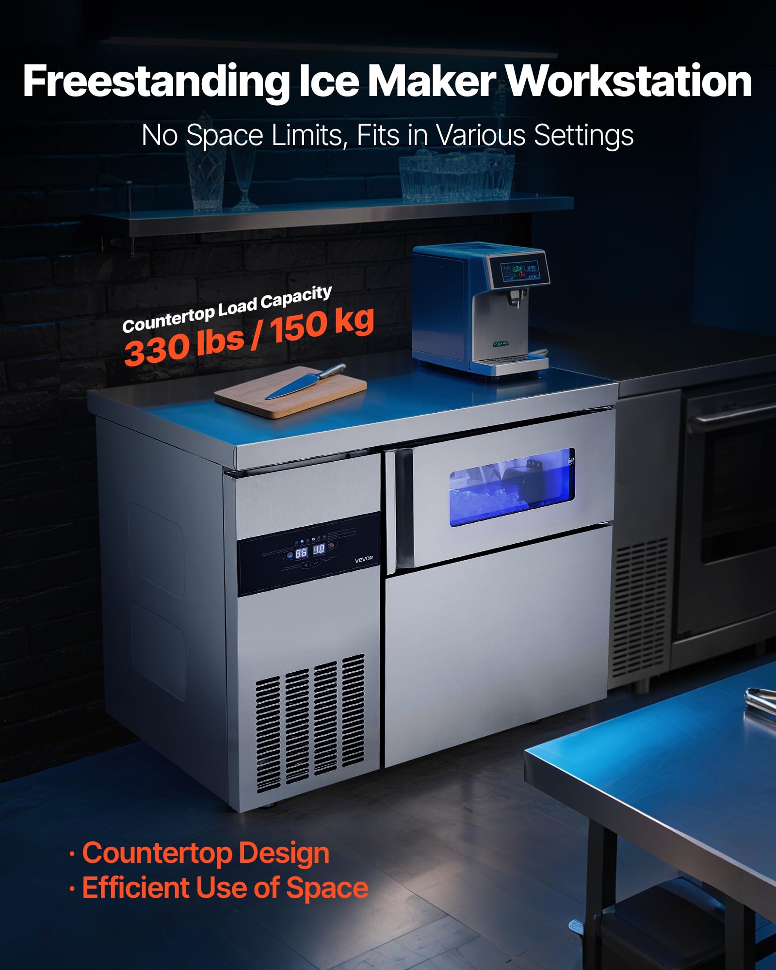 Vevor Commercial Ice Maker Machine, 220 Lbs/24H Stainless Steel Ice Machine With Worktop, 66 Lbs Storage & 108 Cubes/Cycle, Self