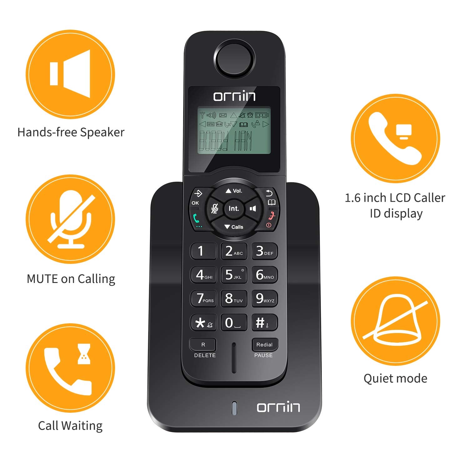 Ornin D1005 Cordless Phone For Home And Office, Caller Id, Speakerphone, Rubber Oil Injection(Single Pack, Black)