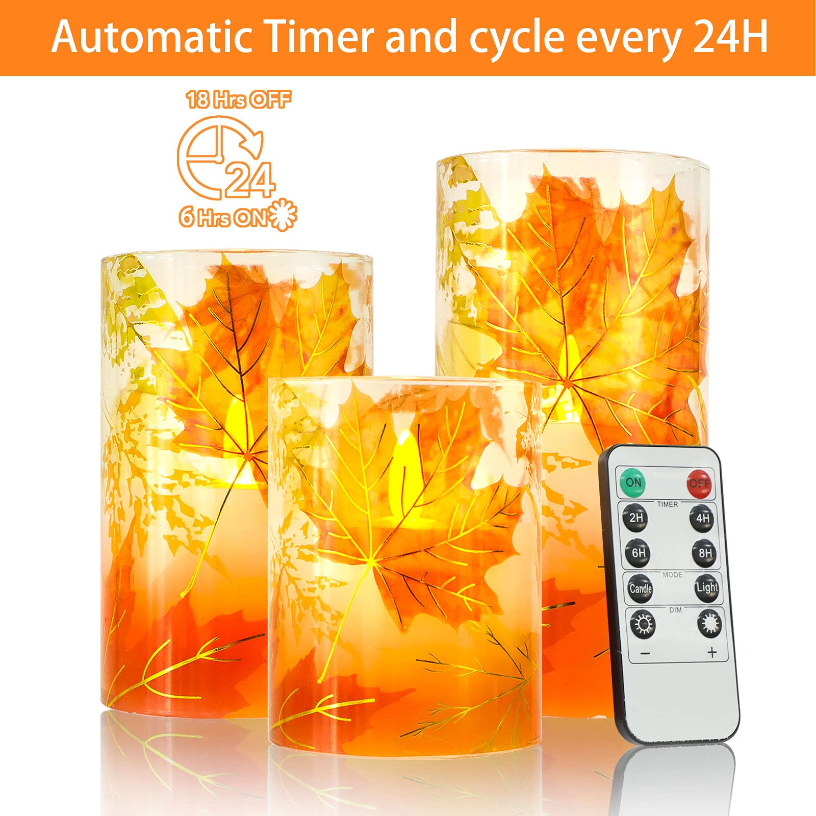 Petristrike Fall Flameless Candles, Autumn Maple Leaf Led Candles With Remote & Timer, Realistic Flickering Real Wax Candles For