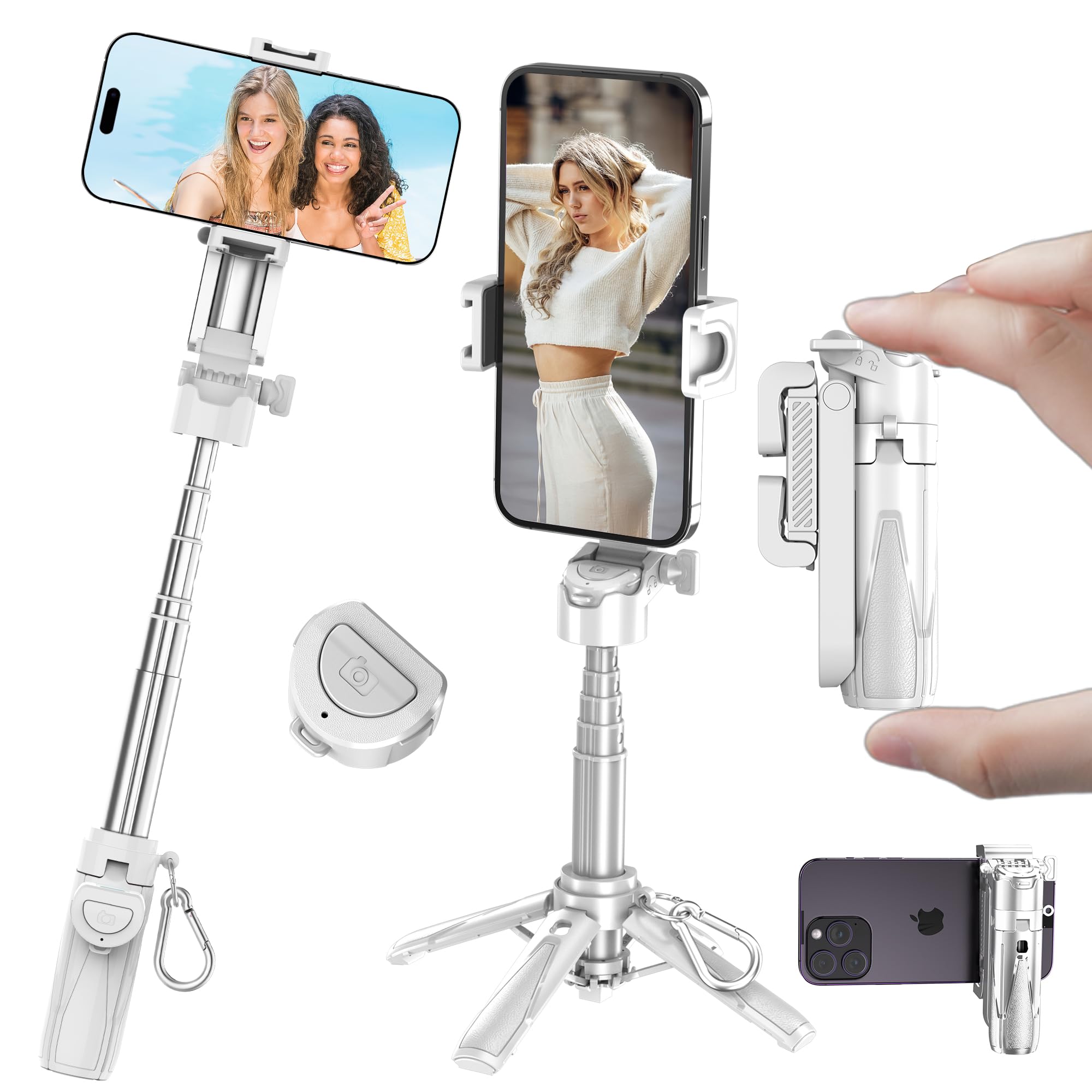 Mini Selfie Stick Tripod, 41.5cm Extendable Grip Phone Tripod with Detachable Remote Pocket Size, 4-in-1 Mini Phone Grip, 10m Wi