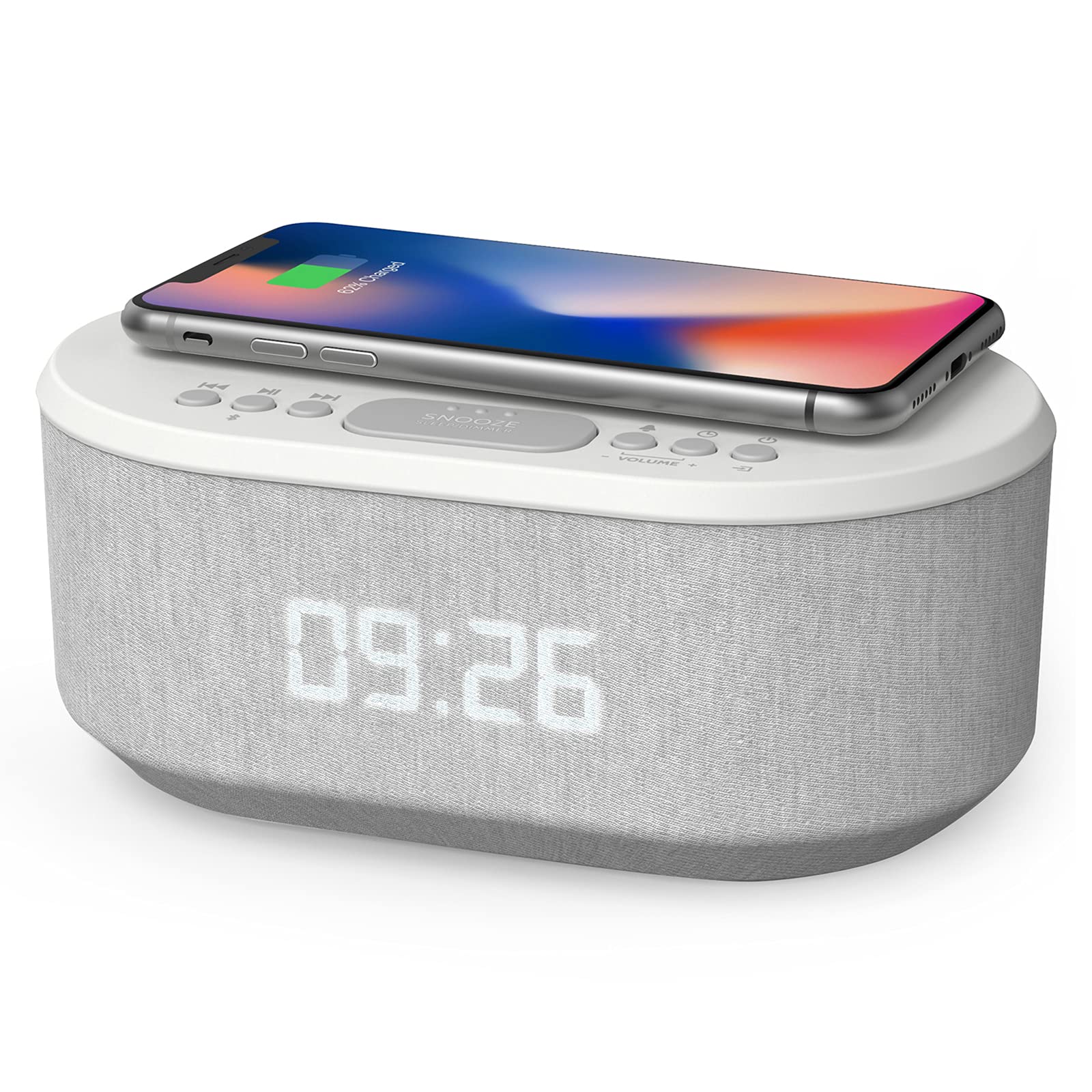 I Box Bedside Radio Alarm Clock With Usb Charger, Bluetooth Speaker, Qi Wireless Charging, Dual Alarm Dimmable Led Display (Whit