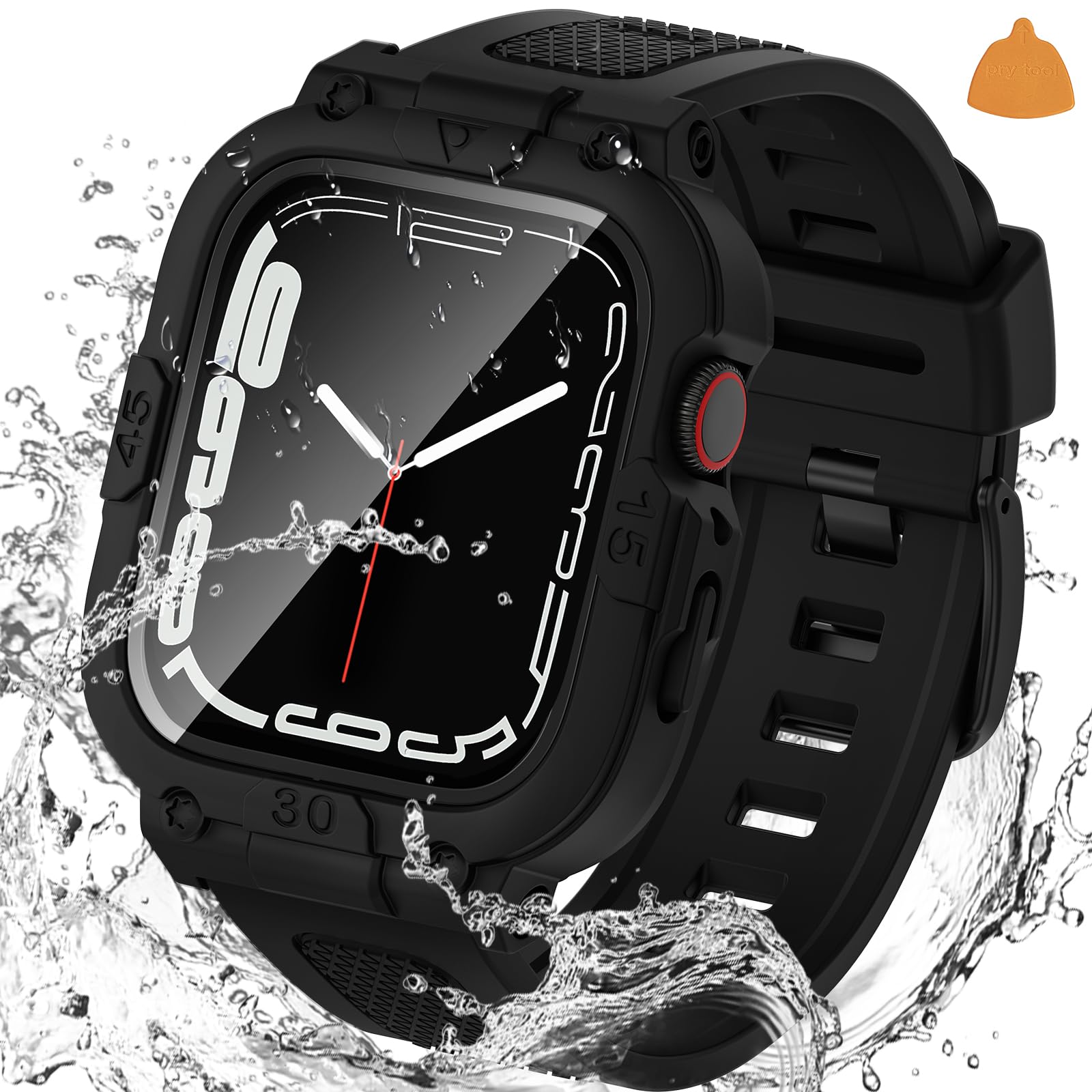 Goton 3 In 1 Waterproof Case And Band With Tempered Glass Screen Protector For Apple Watch Series 9 8 7 41Mm, Hard Pc Bumper Cov