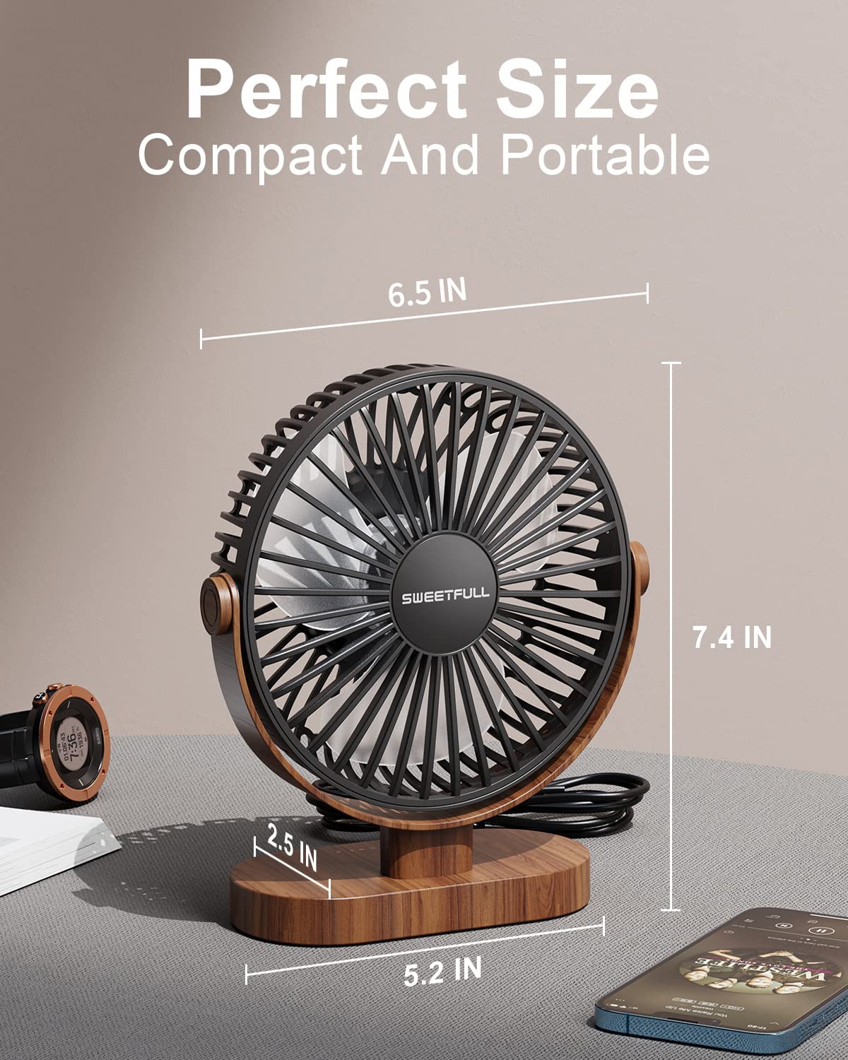 Sweetfull 6.5 Inch Usb Small Desk Fan, 3 Speeds Quiet Portable Desktop Table Fan, 360 Adjustment Personal Mini Fan For Home Offi