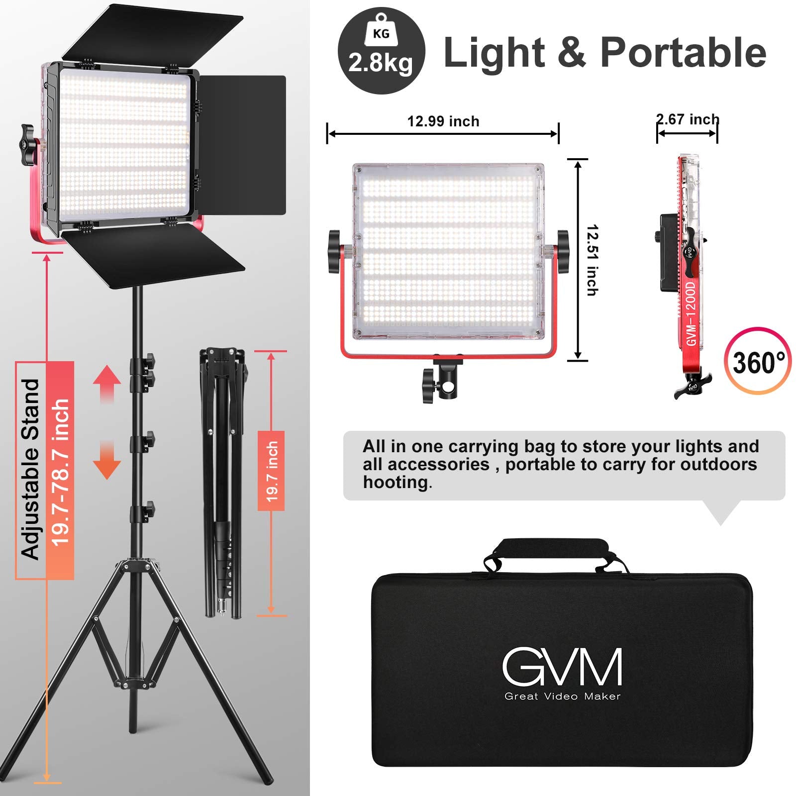Gvm Rgb Led Video Light, 50W Video Lighting Kit With App Control, 1200D Photography Lighting Kit For Youtube Studio, 3 Packs Led