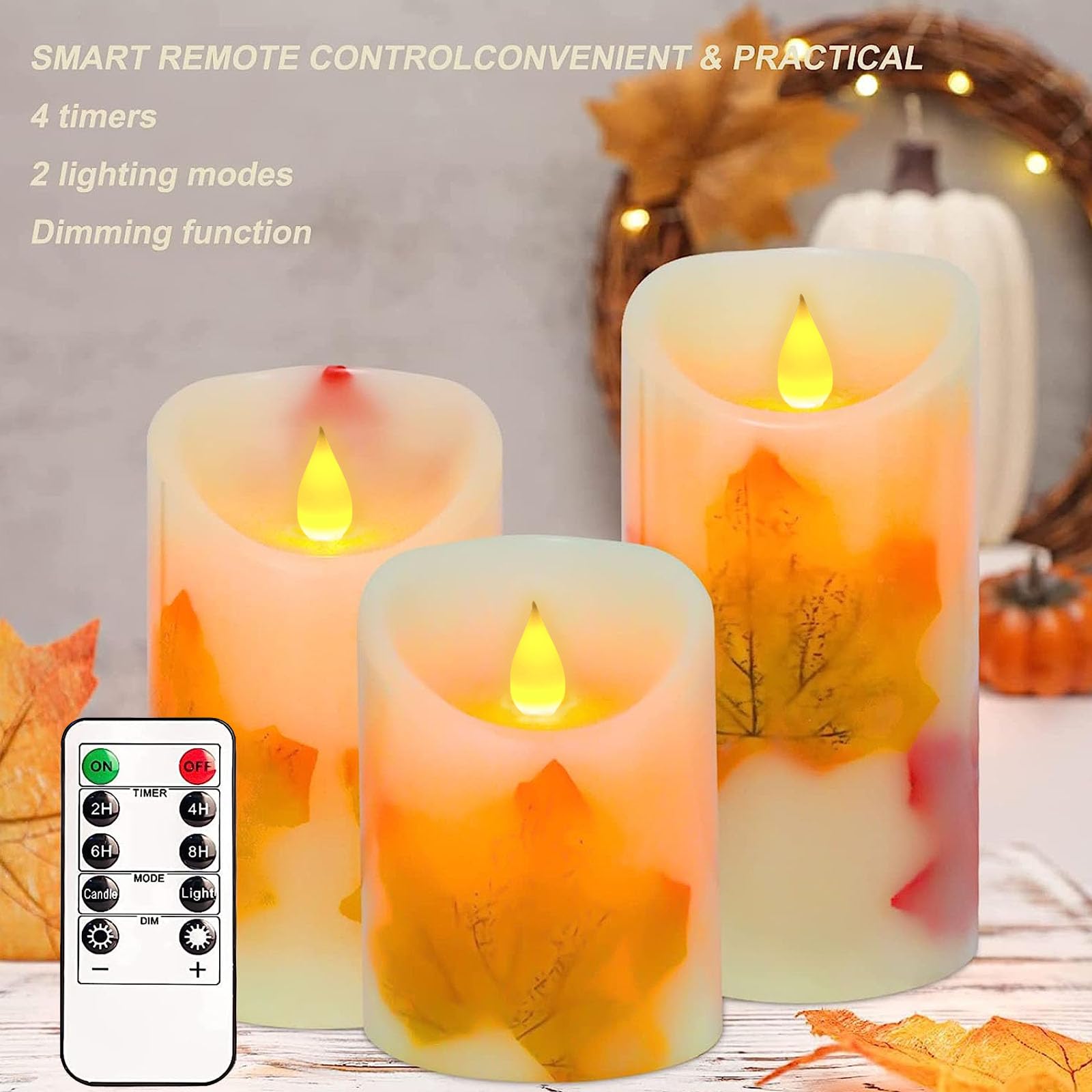Flameless Candles Lights, Set Of 3 Maple Leaf Flickering Led Candles With Remote & Timer, Dimmable Led Pillar Candles Battery Op