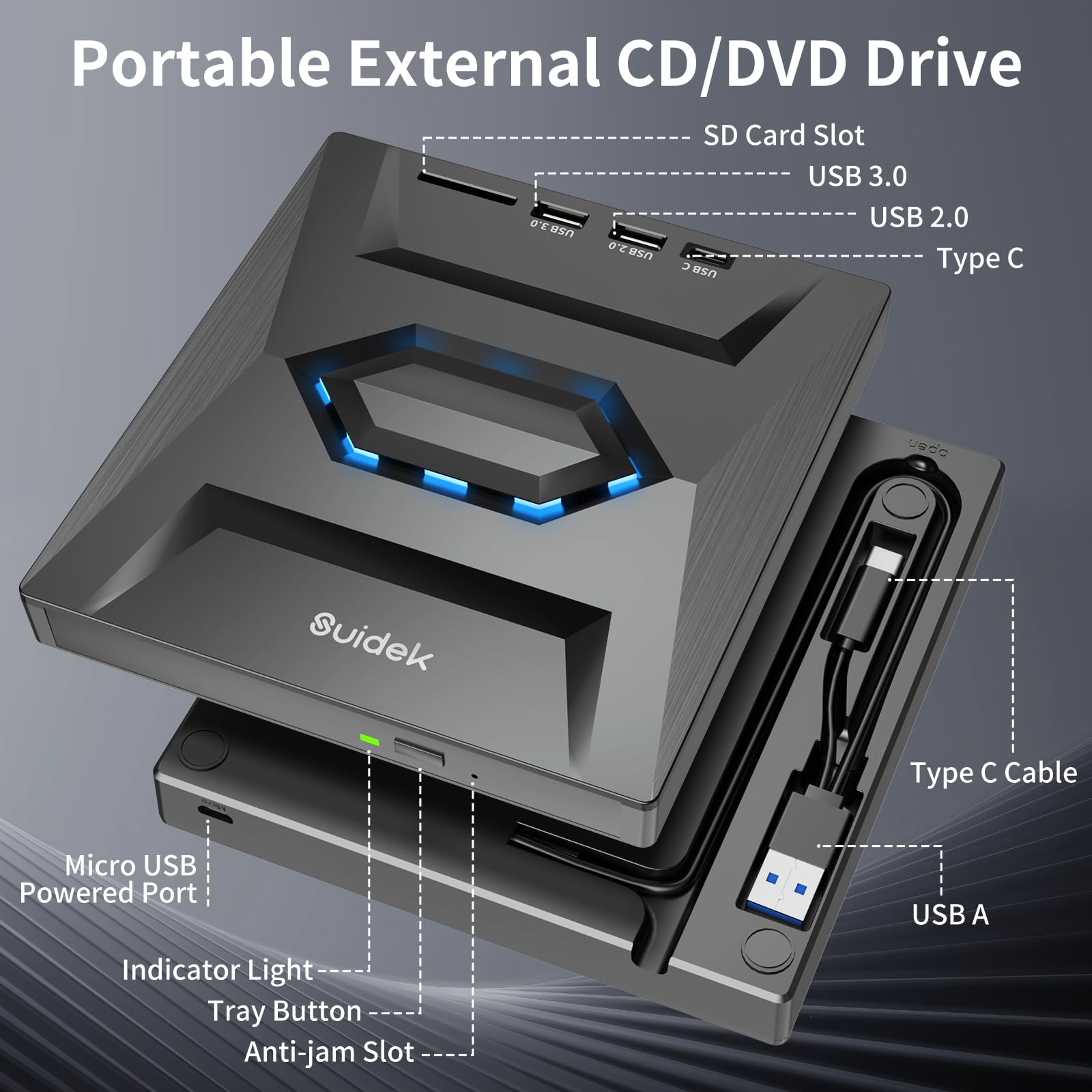 Suidek External Cd Dvd Drive For Laptop, Usb C Portable Cd/Dvd +/ Rw Burner Dvd Player For Laptop With Sd Card Reader Usb 3.0 Ty