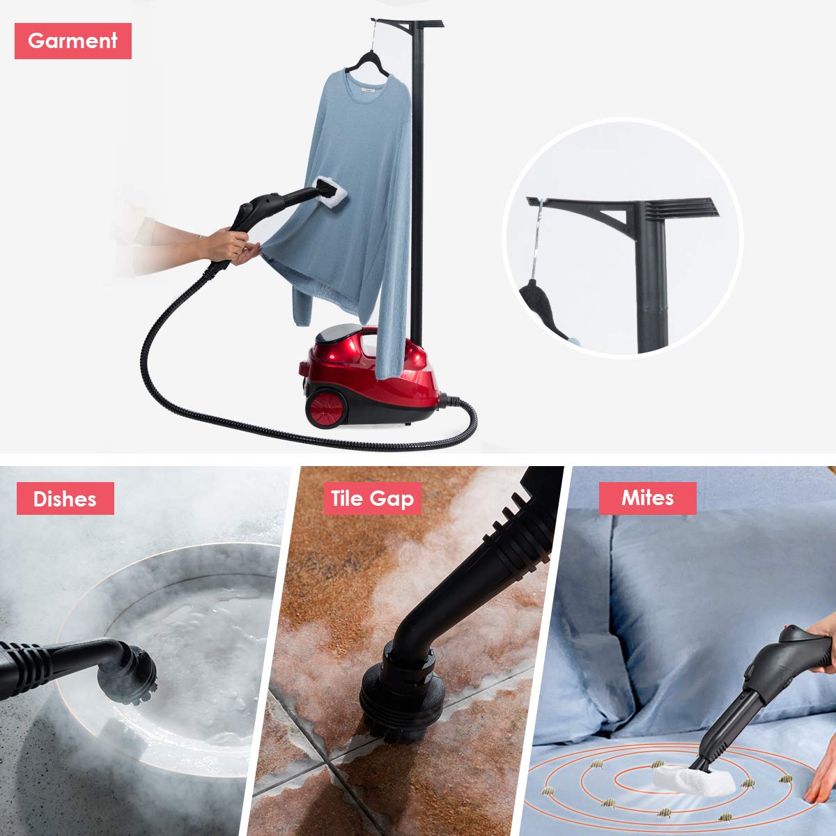 Costway 2000W Multipurpose Steam Cleaner With 19 Accessories, Household Steamer With 1.5L Tank For Cleaning, Heavy Duty Rolling