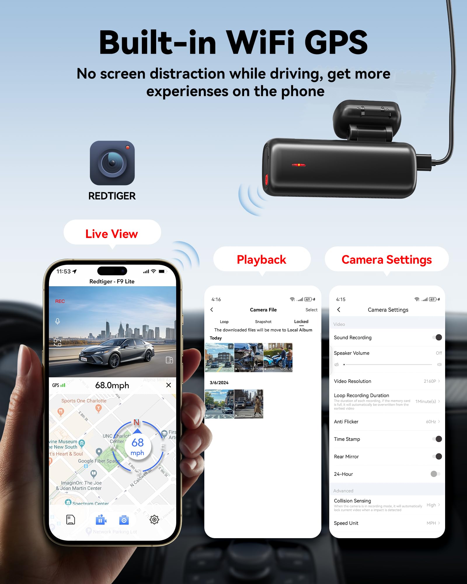 Redtiger 4K Dash Cam Front, Adas, Built In Wifi Gps, Mini Hidden Dash Camera For Cars With G Sensor, 24H Parking Monitor, Free 3