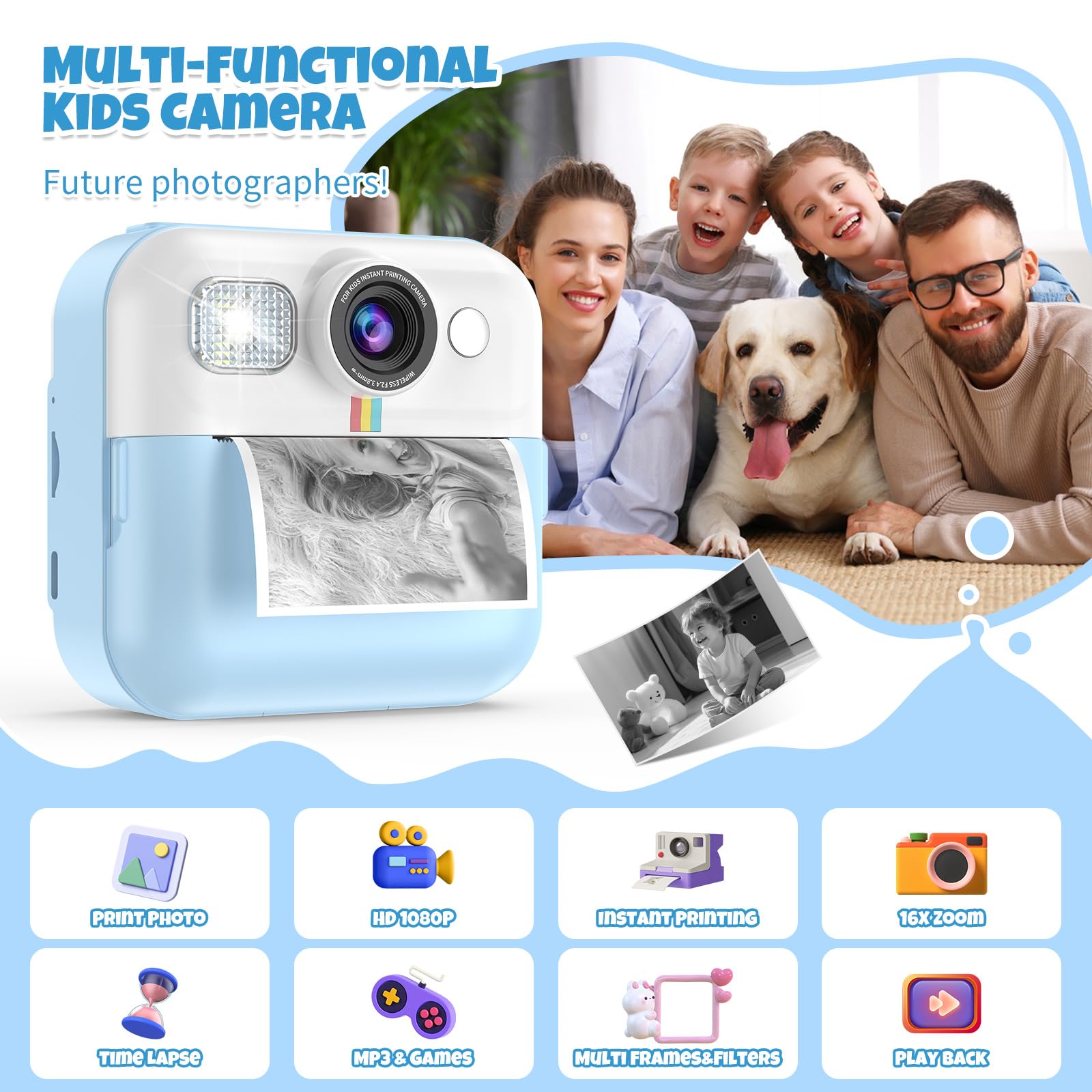 Kid Camera For Boys,Portable Toddler Blue Printing Camera Toy 1080P Video Cameras Children Instant Print Camera For Kids 3 Print