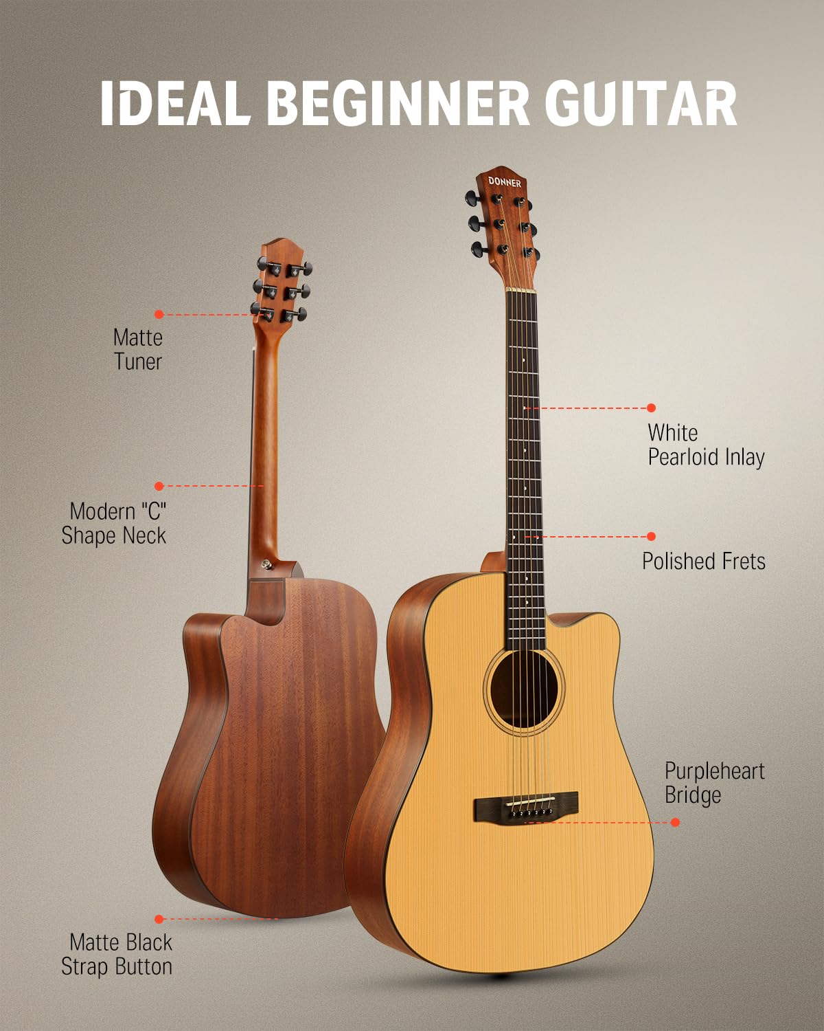 Donner 41    Acoustic Guitar Bundle For Beginners Adults With Online Lesson, 4/4 Full Size Steel Acustica Guitarra With Gig Bag,