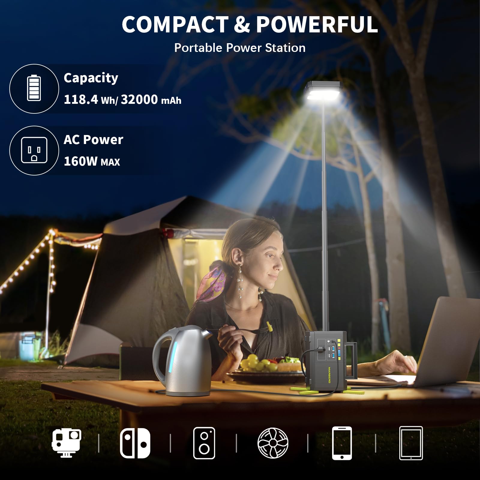 Marbero 118Wh Portable Power Station With Telescopic Camping Lights For Camping Hiking 32000Mah 160W Max Power Bank With Ac Outl