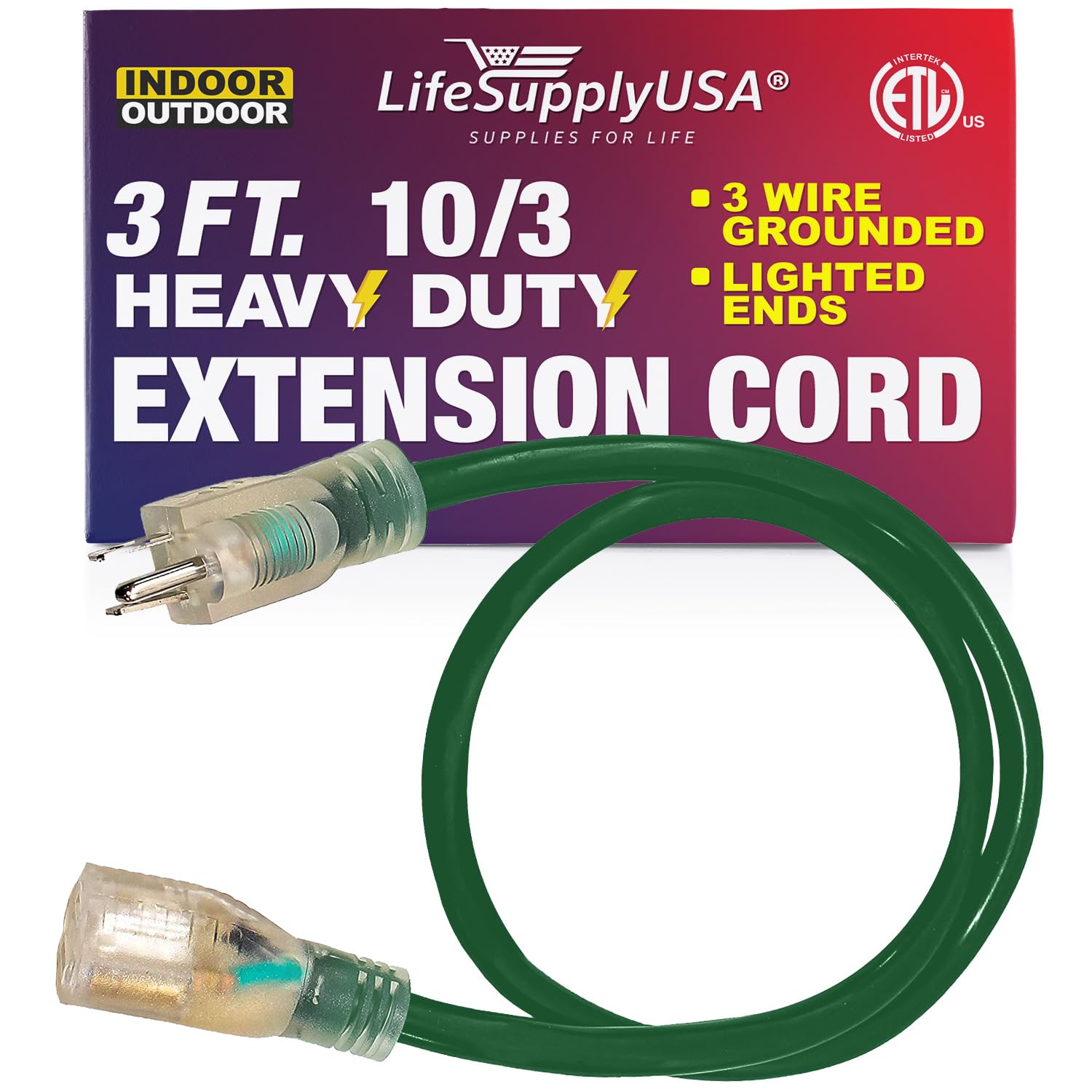 3 Ft Power Extension Cord Outdoor & Indoor Heavy Duty 10 Gauge/3 Prong Sjtw (Green) Lighted End Extra Durability 15 Amp 125 Volt