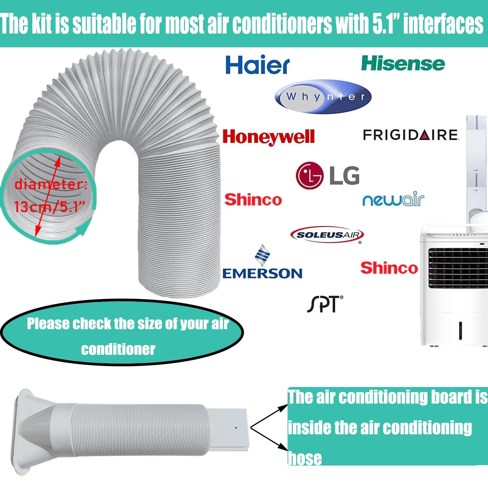 Nihoney Portable Air Conditioner Window Vent Kit With Exhaust Hose 5.1 Inch Diameter, Adjustable 59 Inch Length Exhaust Hose For