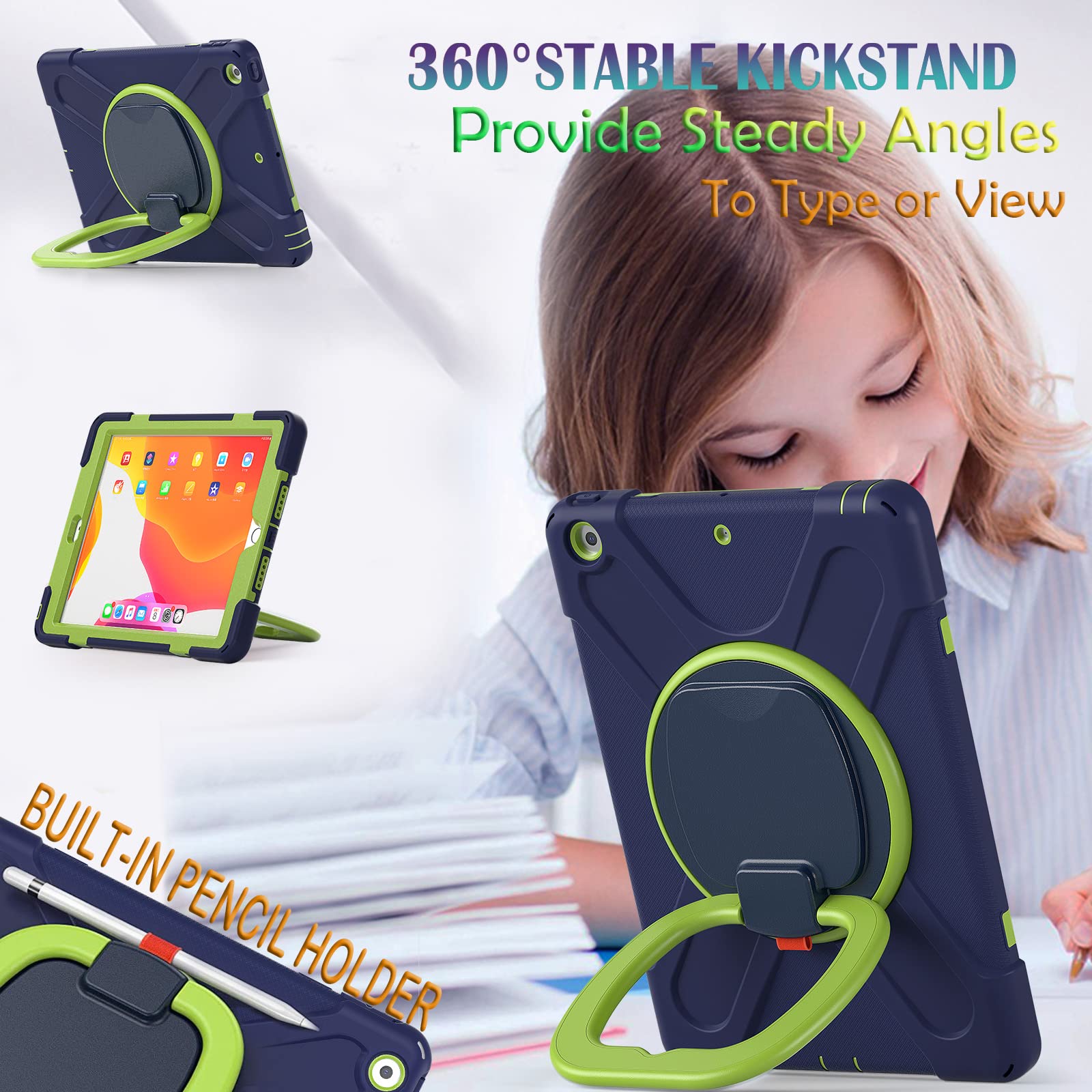 Lx-Suncx For Ipad 10.2 Case 9Th Generation 2021 / 8Th Gen 2020 / 7Th 2019,Shockproof Kids Case With Screen Protector,Rotating St
