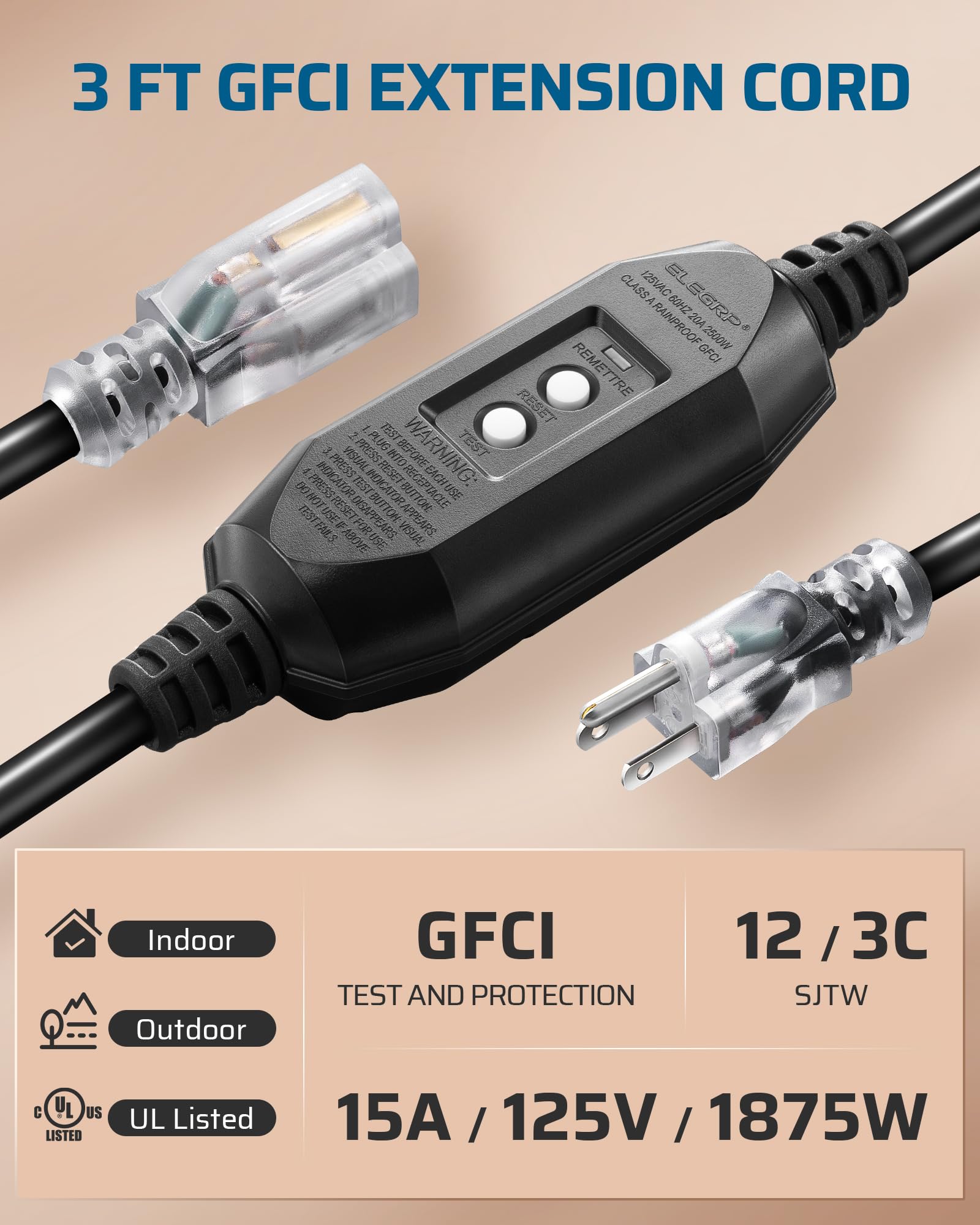 Dewenwils 3Ft Automatic Gfci Extension Cord Outdoor, 12/3 Sjtw Heavy Duty Extension Cord, Power Cord With Led Lighted 3 Prong Pl