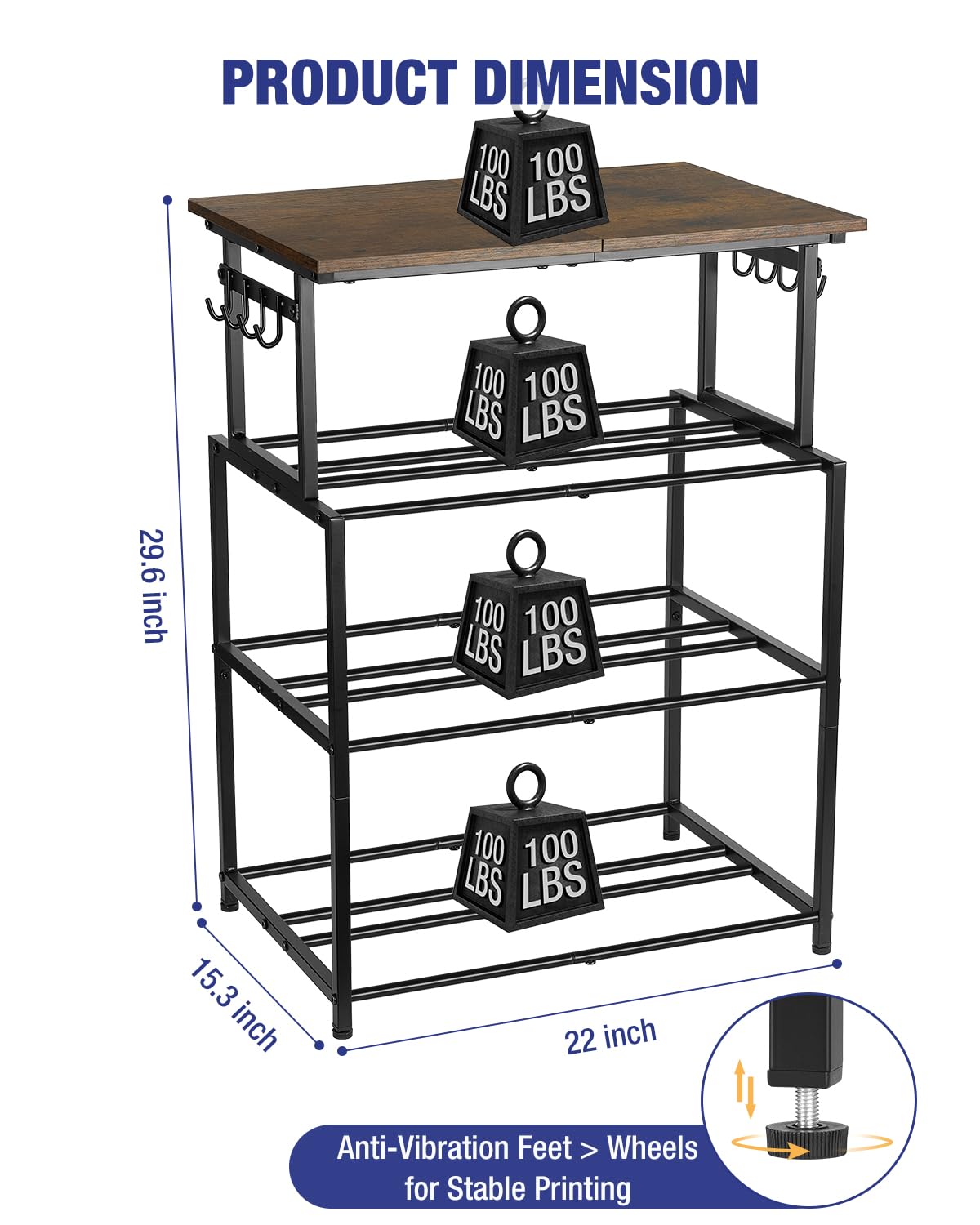 Enigmasoul 4-Tier 3D Printer Table With Filament Storage, Heavy-Duty Steel Frame And Wood Top, Adjustable Feet For Stability, Pe