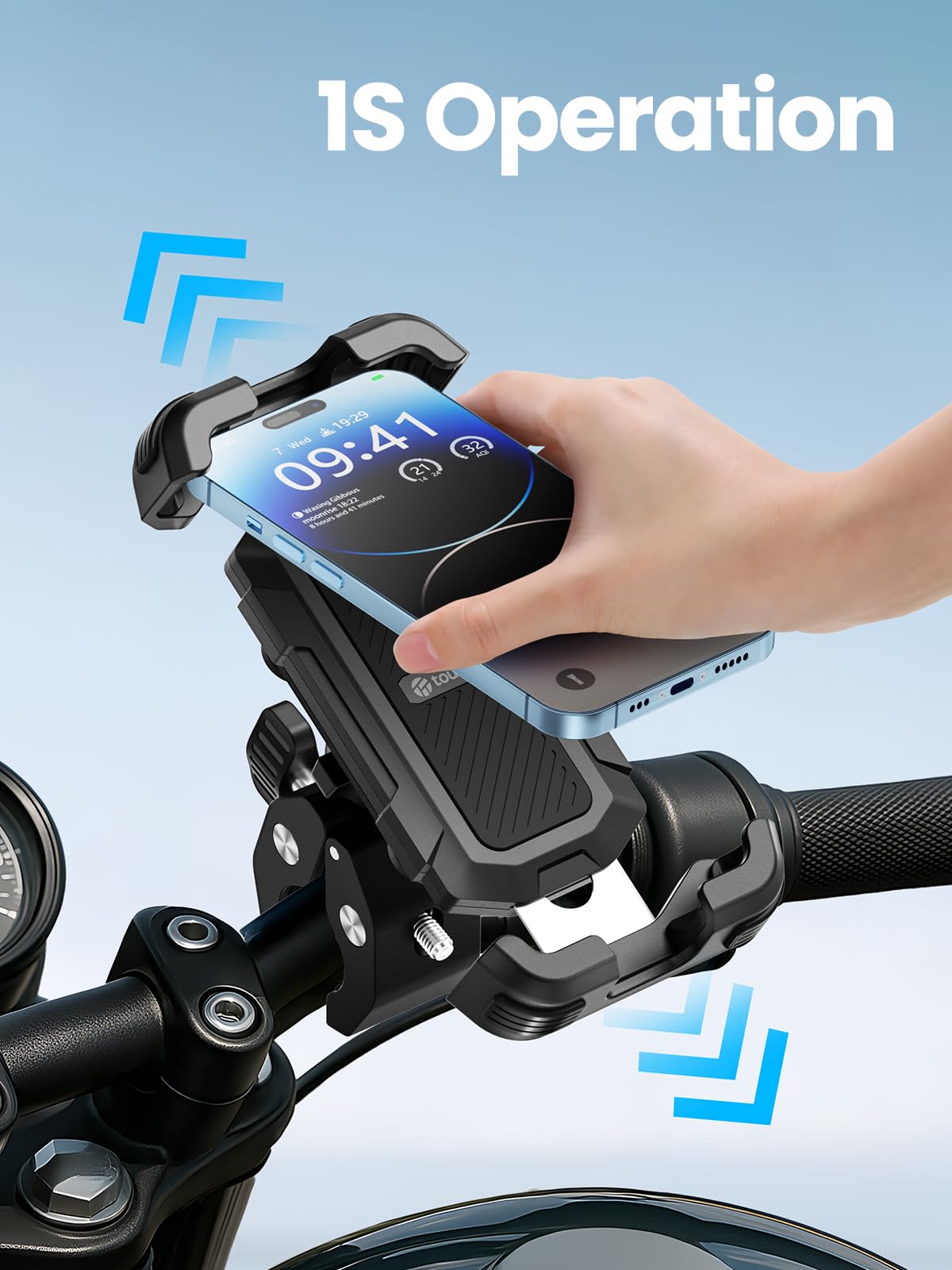 Tounee Motorcycle Phone Holder Mount -Dual Vibration Dampener, Tool-Free Bike Phone Holder Handlebar Clip & Secure Lock For Ipho