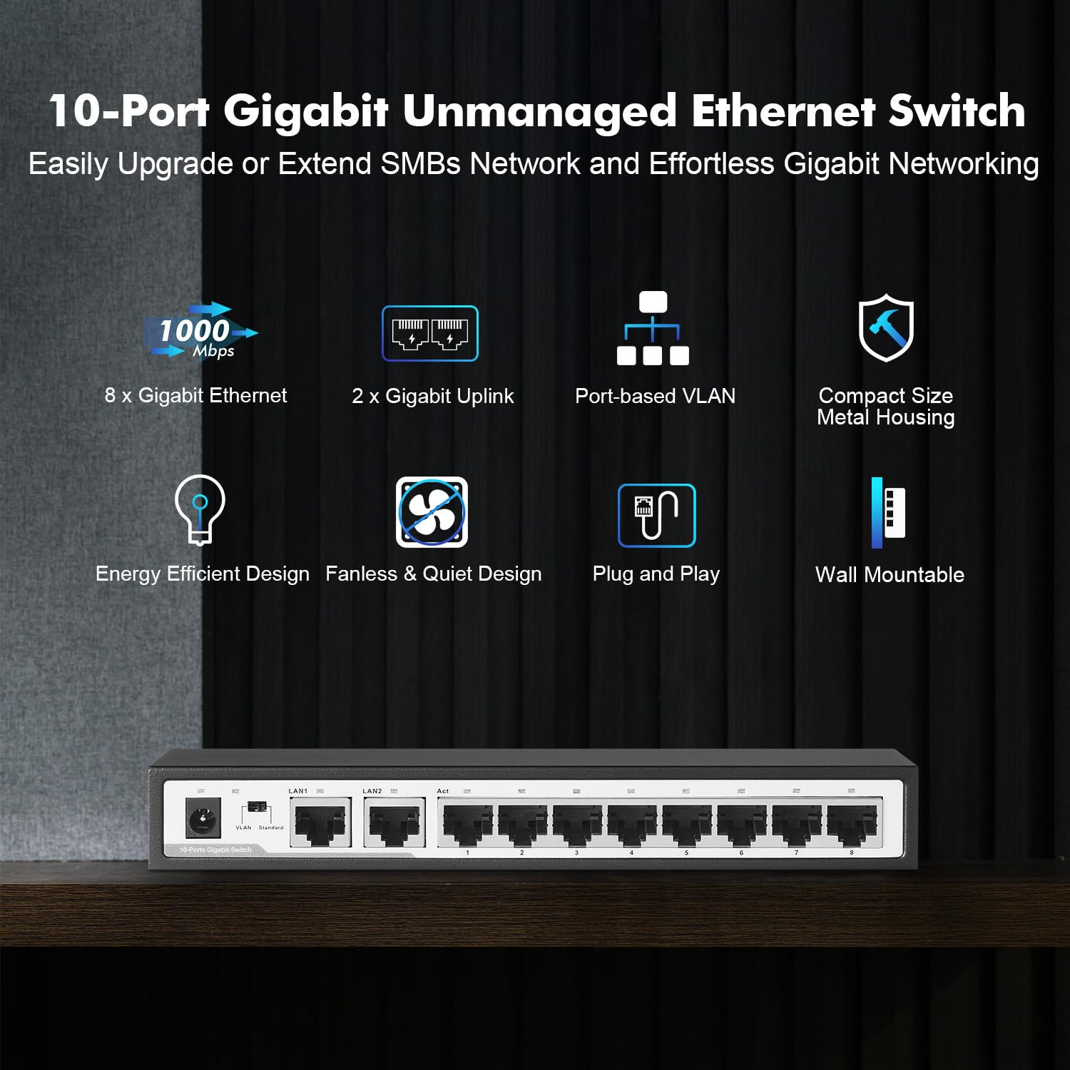 Yulinca 10 Port Gigabit Ethernet Switch, 8 X 100/1000Mbps Ports, 2 Gigabit Uplink, Support Vlan, Metal Fanless Unmanaged Plug An