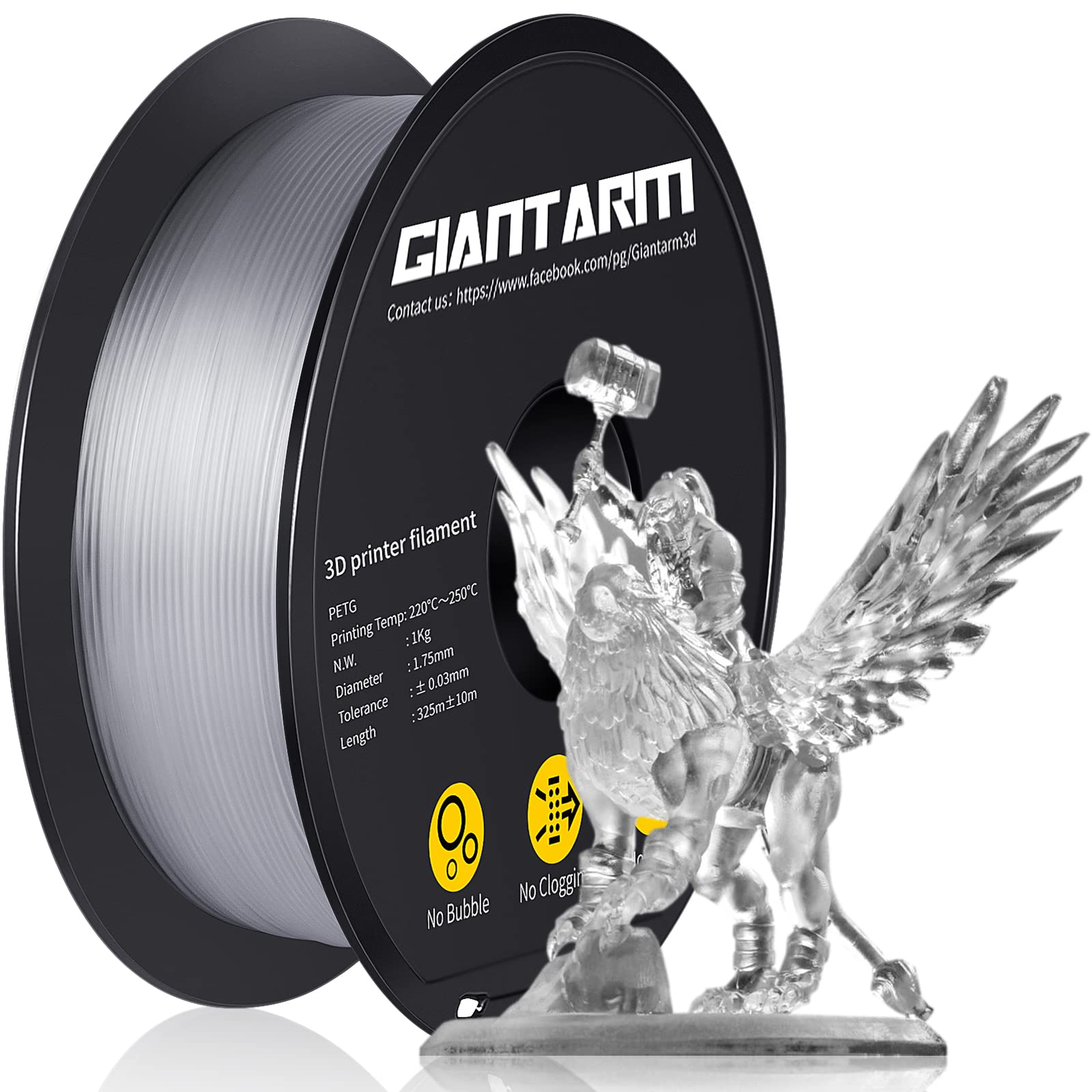 Giantarm Petg Filament 1.75, Clear Transparent Petg Filament 1.75Mm 1Kg(2.2Lb), Toughness Enhanced, Dimensional Accuracy +/ 0.02