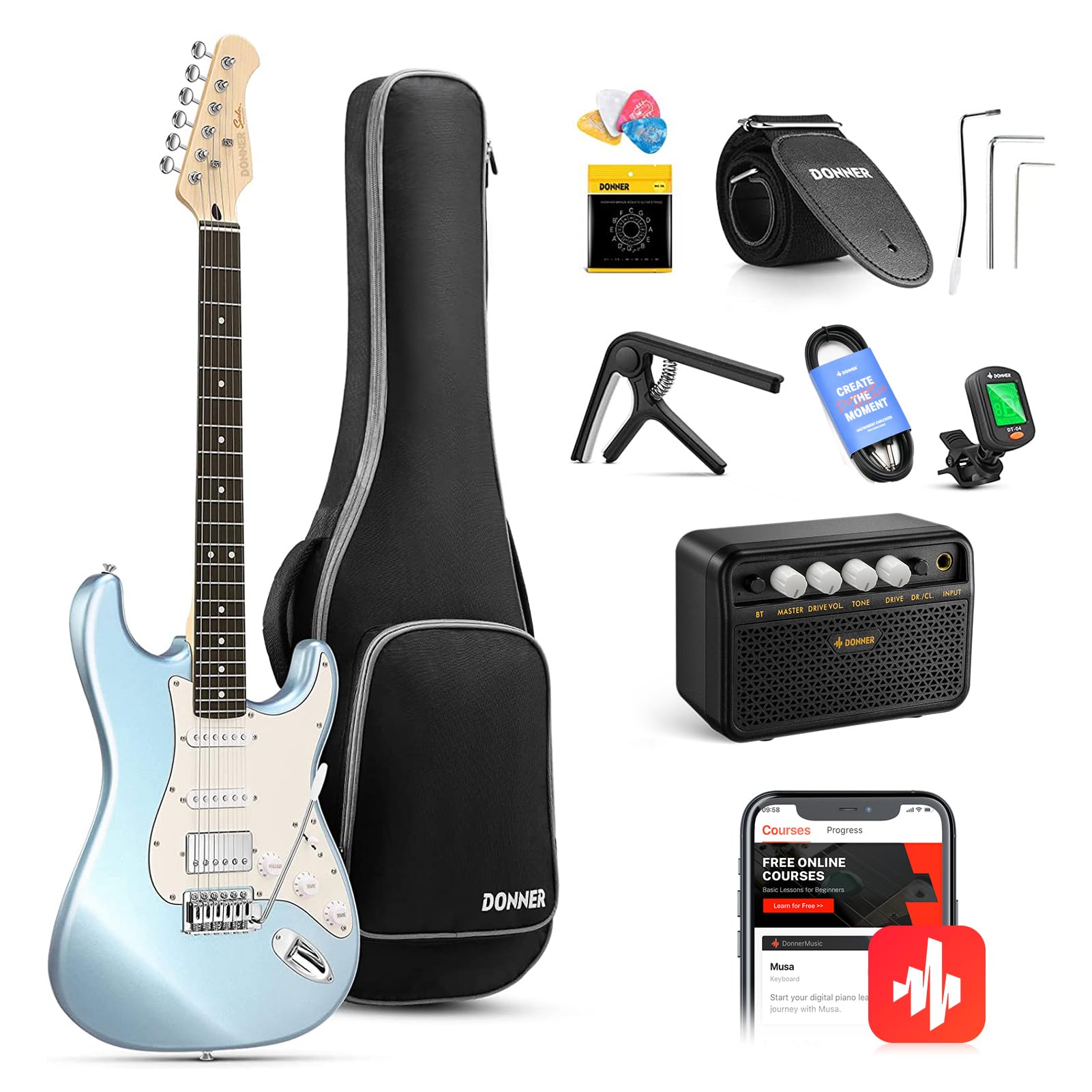 Donner Dst 152R Electric Guitar, 39'' Beginner Electric Guitar Kit, Hss Pickup With Coil Split, Guitar Starter Set With Amp, Bag
