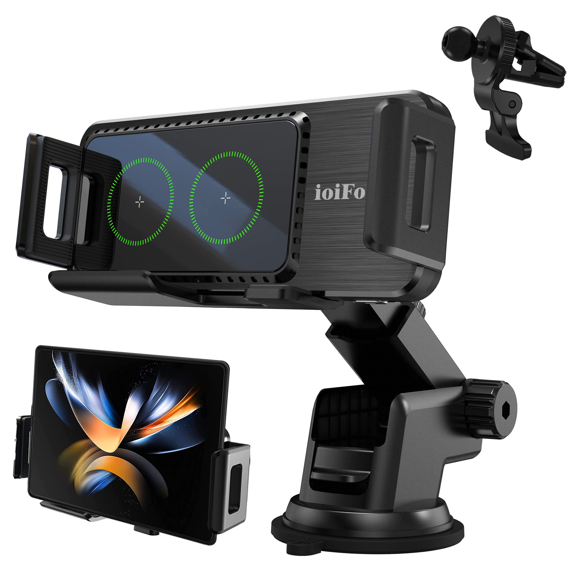 Ioifour 15W Qi Wireless Car Charger Auto-Rotating Dual Coils Fast Charging Vent/Dashboard Phone Mount Holder For Samsung Galaxy 