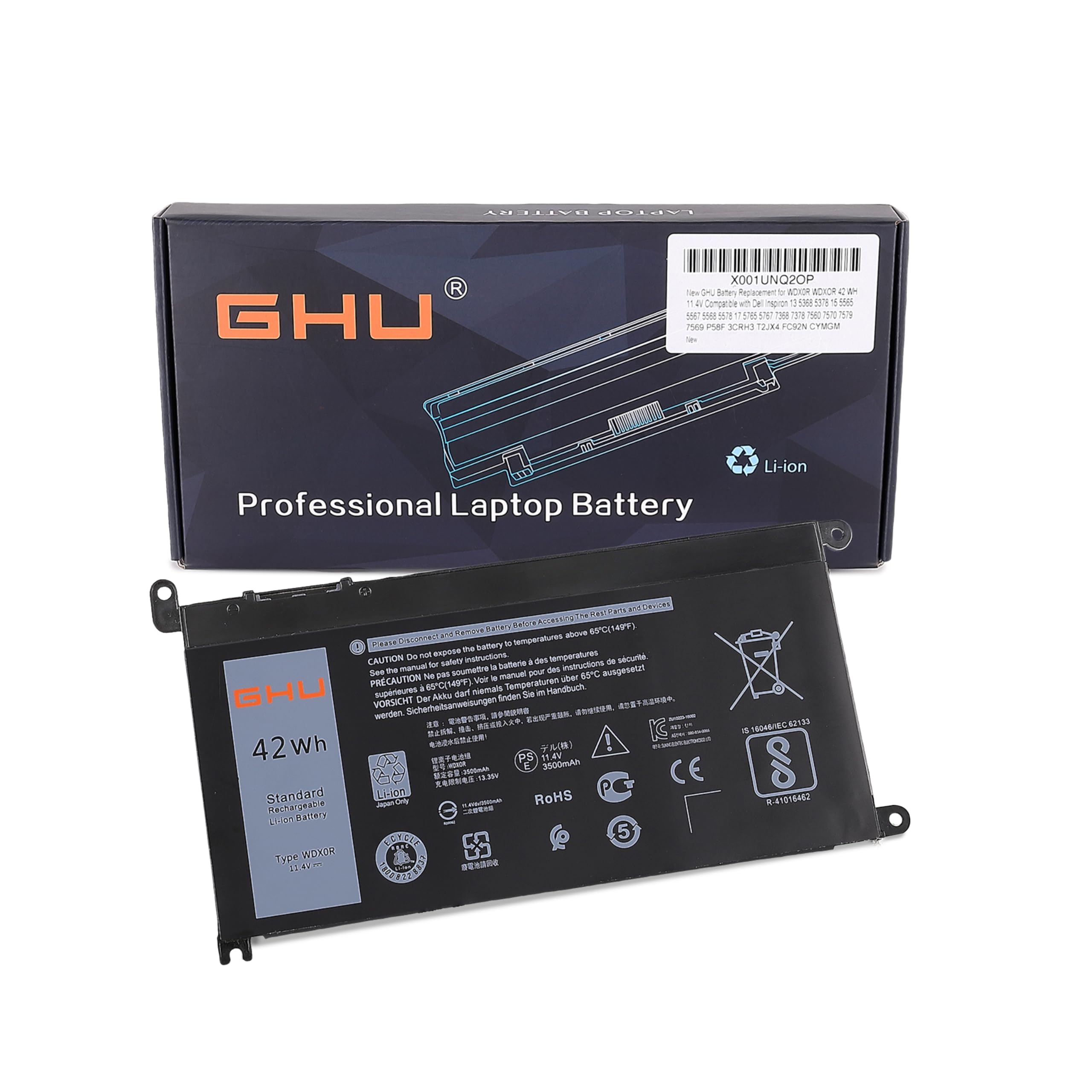 Ghu New Battery Replacement For Wdx0R Wdxor 42 Wh 11.4V Compatible With Dell Inspiron 13 5368 5378 15 5565 5567 5568 5578 17 576