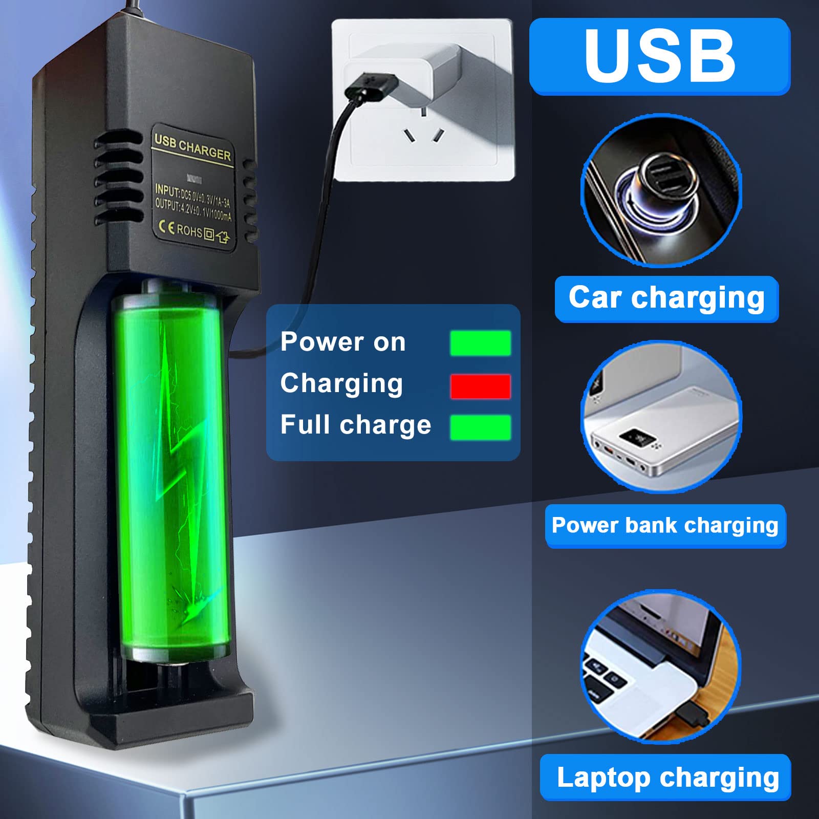 18650 Battery Charger,Single Slot Intelligent Battery Charger For 3.7V Li Ion 18650,26650,21700,18500,18350,16650 Rechargeable B