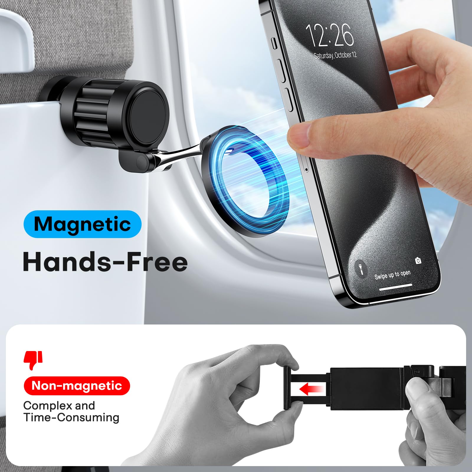 Omoton 360Rotating Magnetic Airplane Phone Holder Mount, For Magsafe Airplane Travel Essentials Accessories, Adjustable Foldable